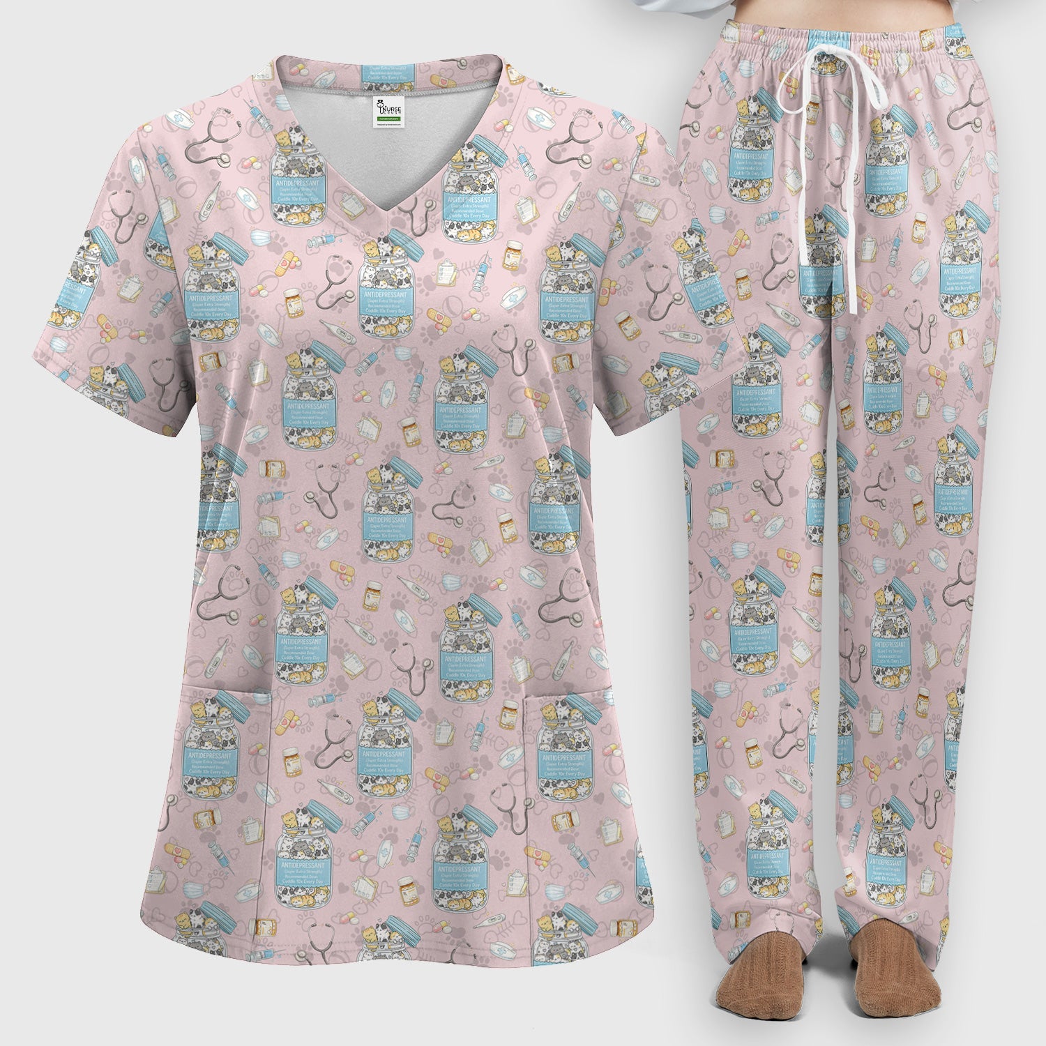 Cute Antidepressant Cat Jar Print Women's Scrub Set, Breathable Med Uniform