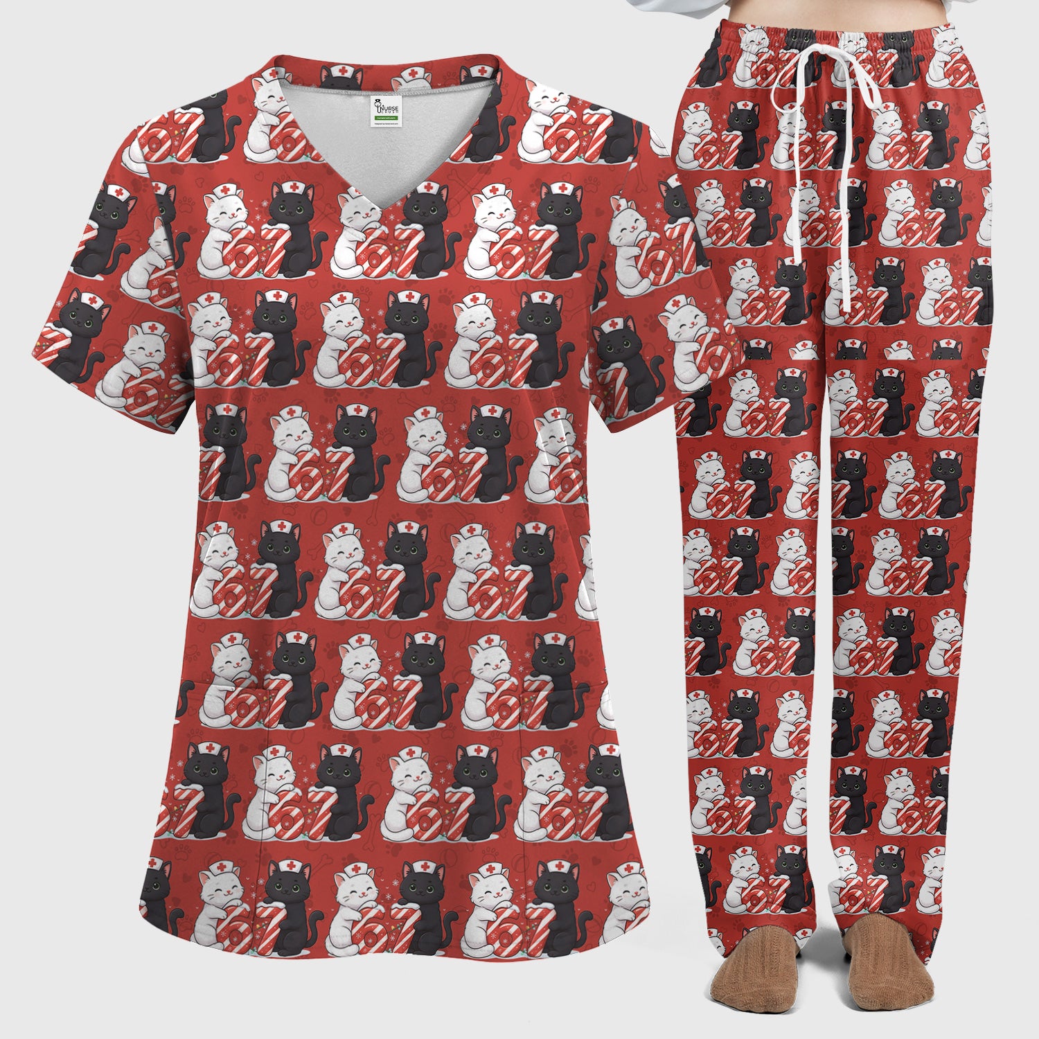 Xmas Cat Pattern Scrub Set, Christmas Nurse Six Seven With Cat Scrub Shirt, Breathable Fabrics Nursing Uniform