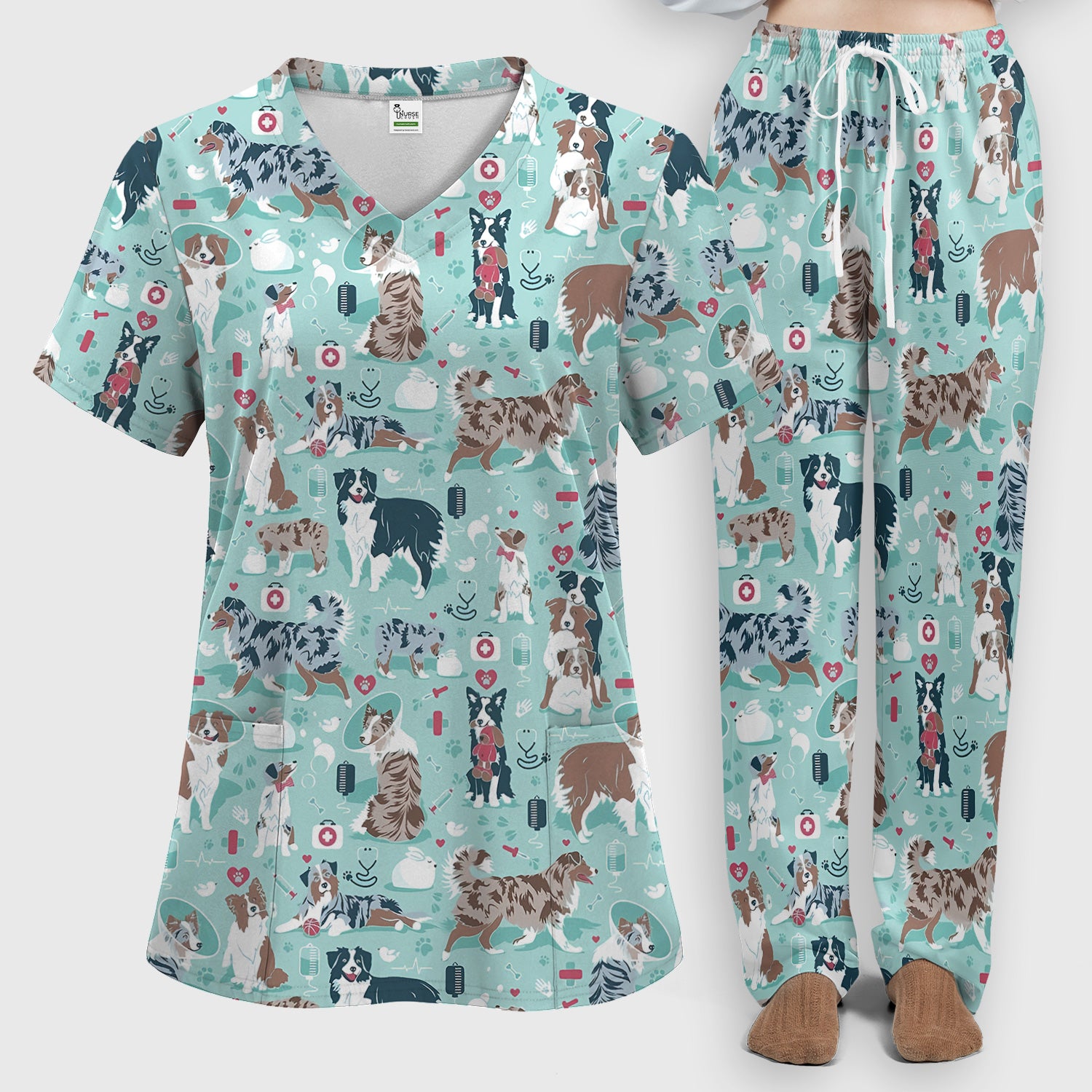 Cute Dog Pattern Women's Veterinary Scrub Set, Scrub Pants and V Neck Top
