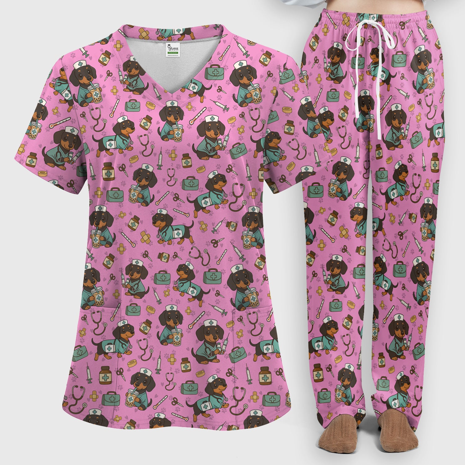 Funny Dachshund Nurse Scrubs Set - Cute Dog Print Medical Shirt - Holiday Nurse Scrub Top Gift for RN CNA Doctor, Women & Men