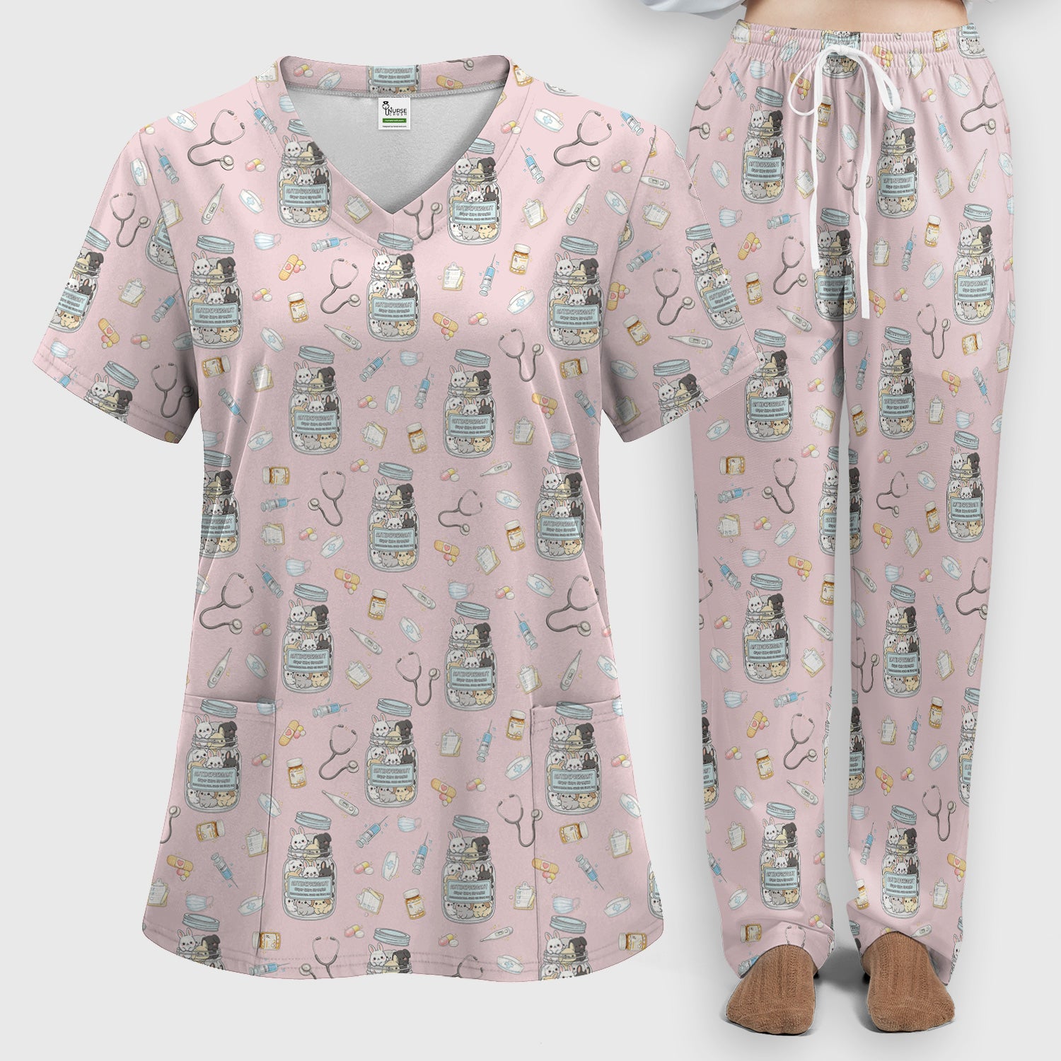 Whimsical Antidepressant Rabbit Jar Design Scrub Set, Scrub Pants and V-Neck Top