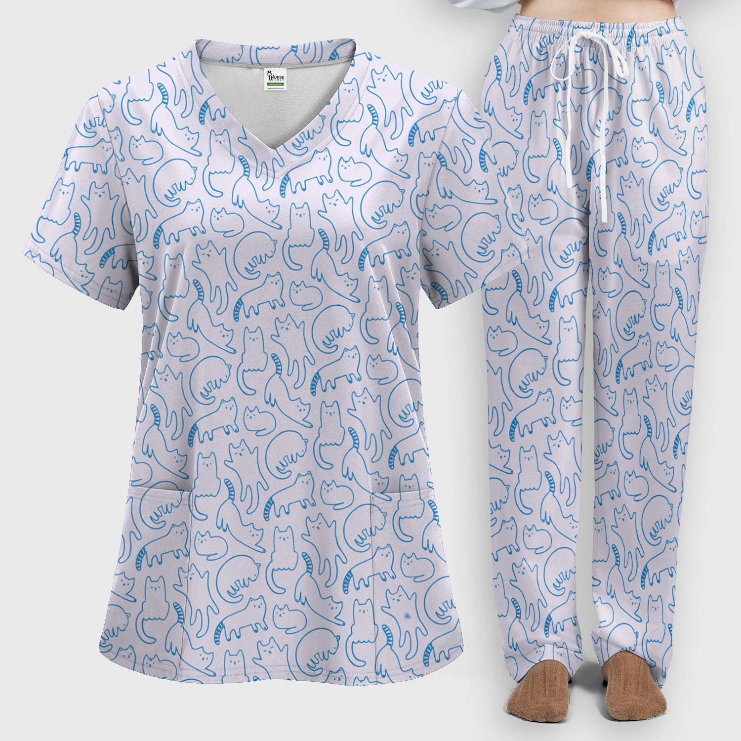 Artistic Cat Pattern Medical Scrub Set, Breathable Fabrics Nursing Uniform