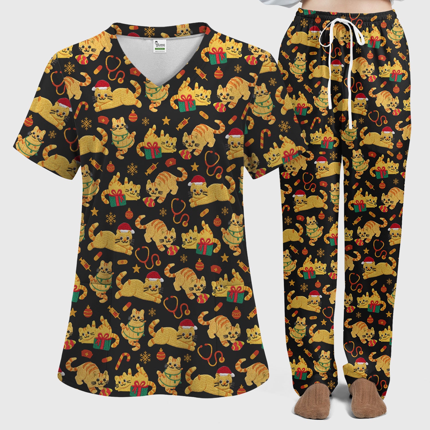 Christmas Cat Nurse Scrub Set, Cute Holiday Kitty Medical Uniform For Nursing