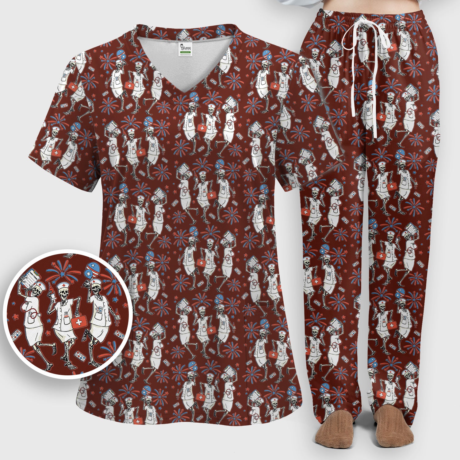 Funny Skeleton Nurse Patriotic Print Scrub Set, Scrub Pants and V Neck Top