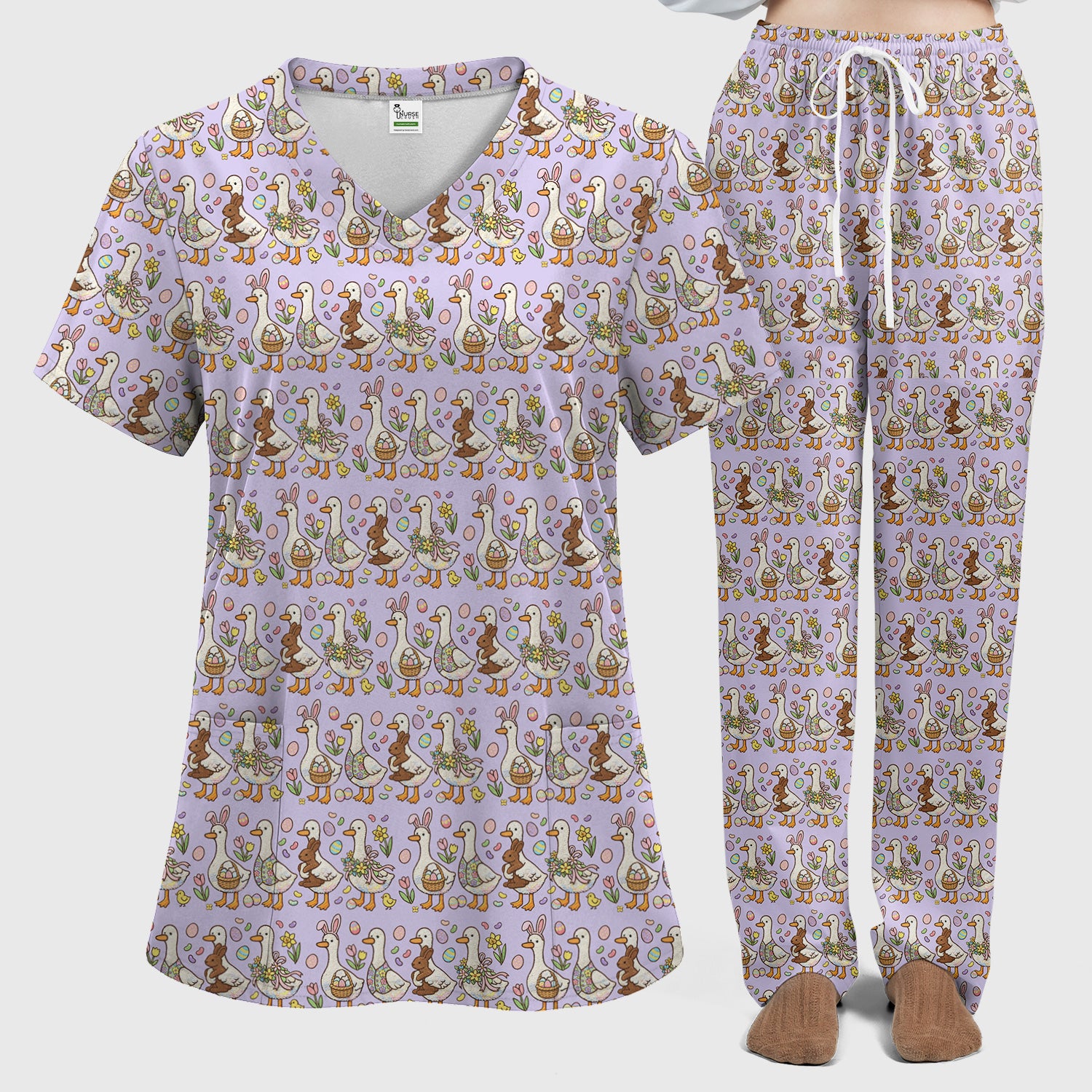 Easter Theme Duck and Bunny Egg Floral Print Scrub Set, Breathable Med Uniform