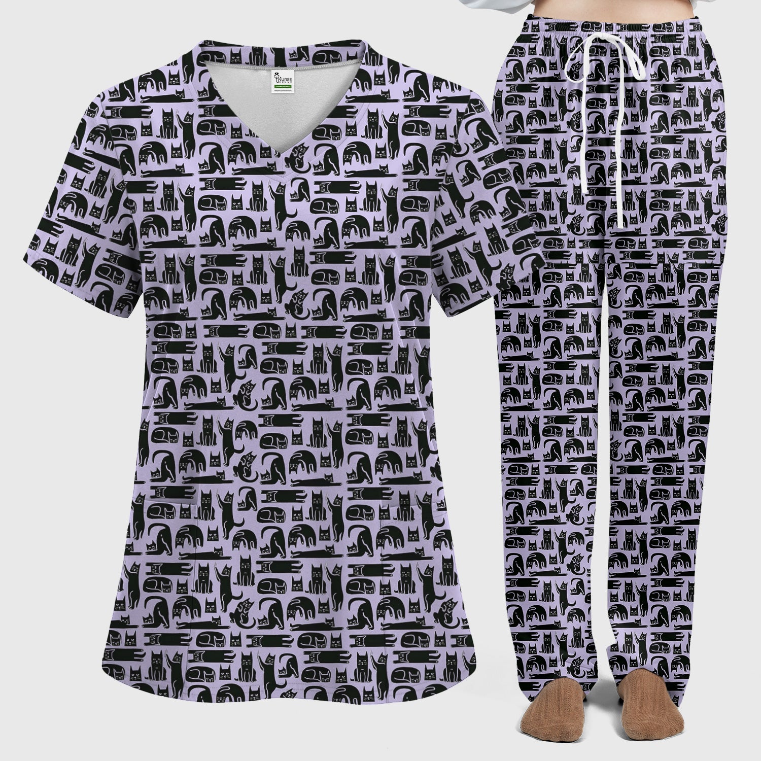 Cute Funny Cat Poses Print Scrub Sets, Scrub Pants and V Neck Top