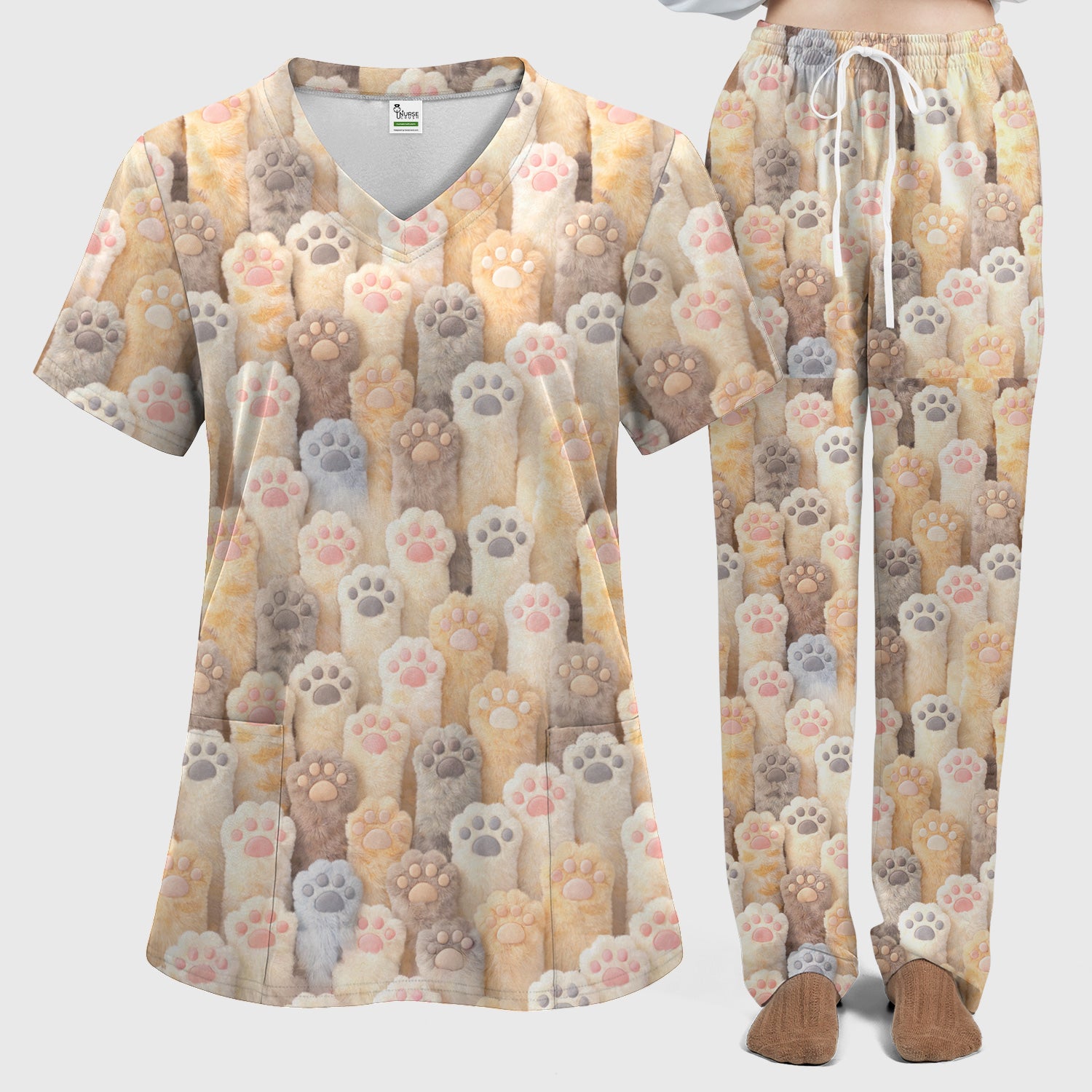 Cute Fluffy Cat Paw Pattern Scrub Set, Scrub Pants and V Neck Top