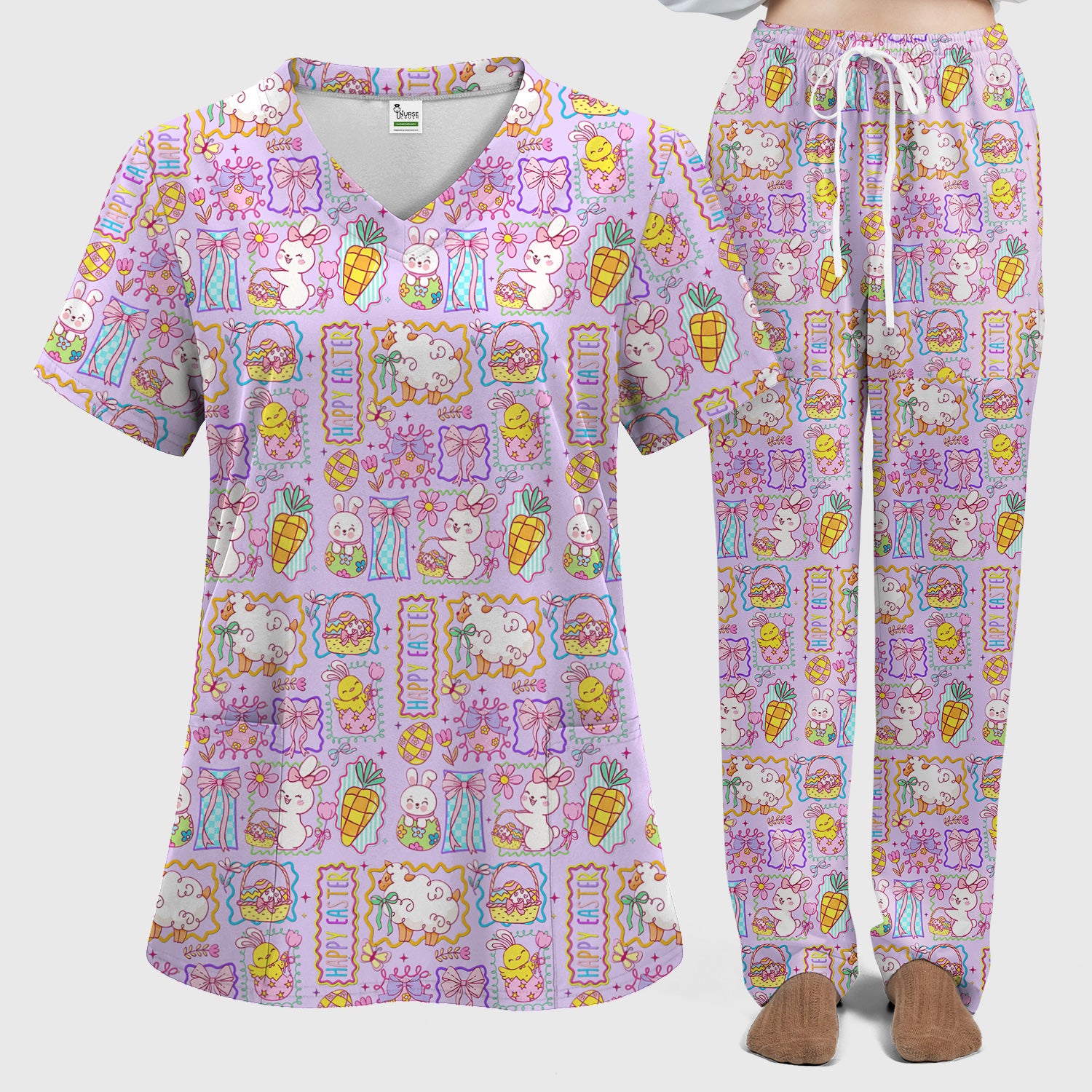 Cute Easter Bunny Egg and Bow Print Scrub Set, Scrub Pants and V Neck Top