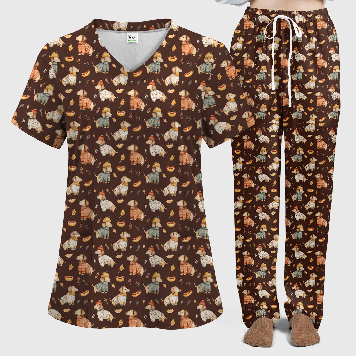 Autumn Dachshund Dog Sweater Print Scrub Set, Breathable Med Uniform