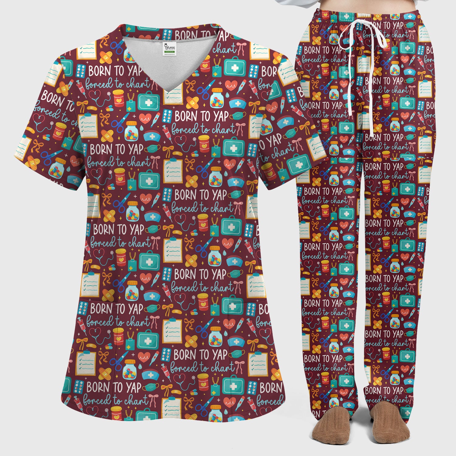 Born To Yap Medical Tools Pattern Scrub Set, Scrub Pants and V Neck Top