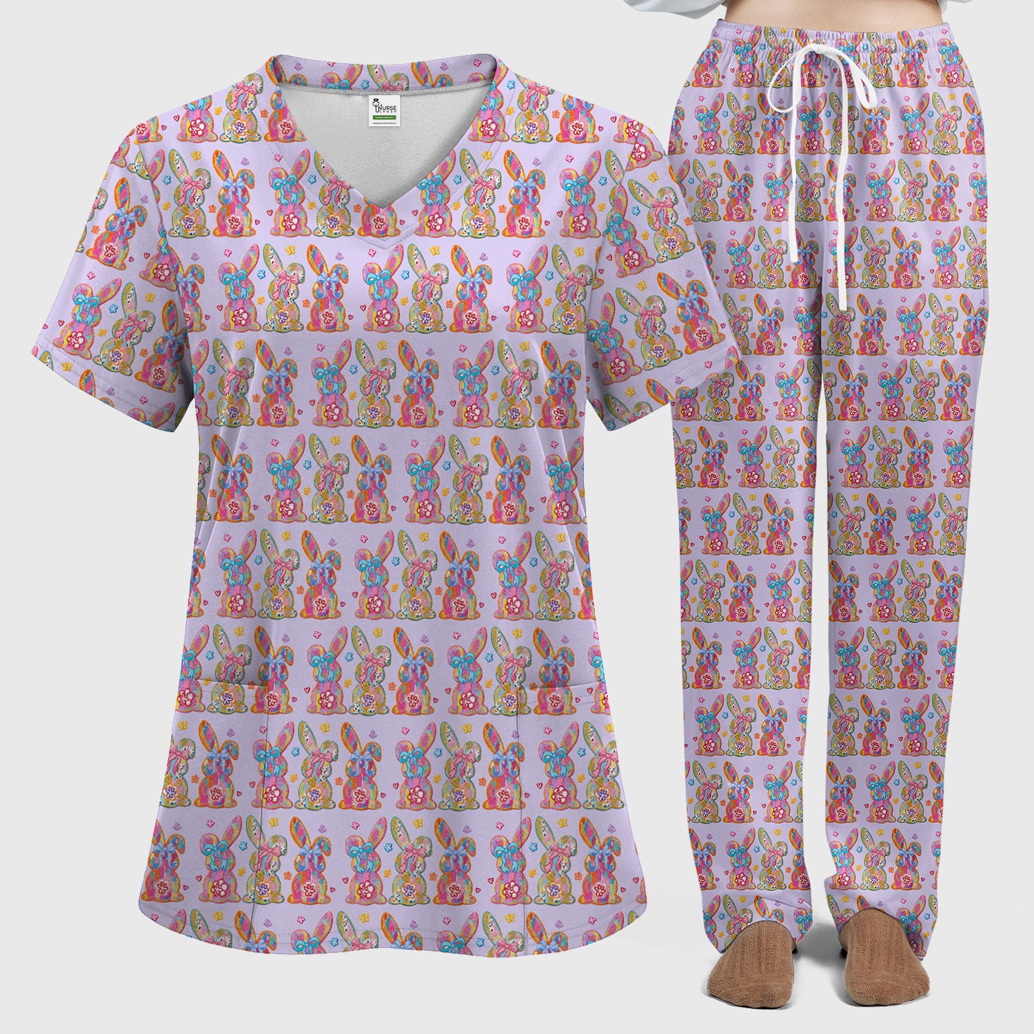 Cute Pastel Bunny Floral Pattern Scrub Set, Breathable Med Uniform