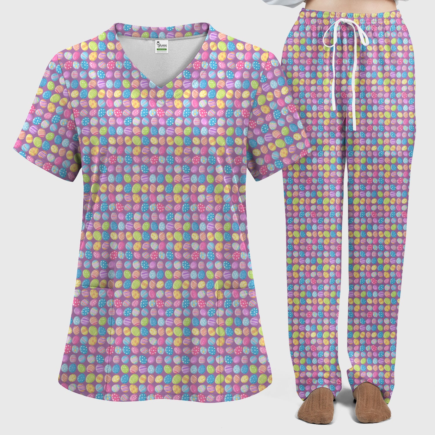 Colorful Easter Eggs Pattern Scrub Set, Scrub Pants and V Neck Top