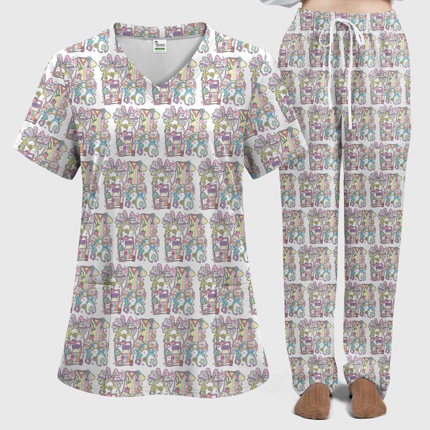 Colorful Nurse Scrub Supplies Pattern Scrub Set, Scrub Pants and V Neck Top