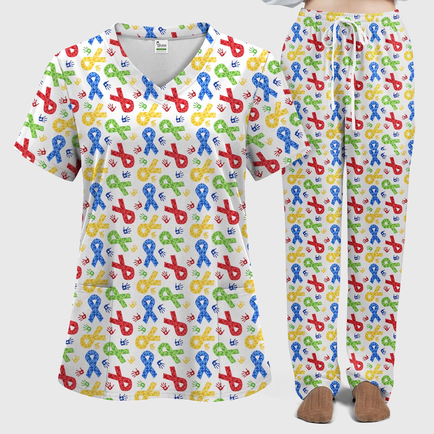 Multicolor Ribbon Pattern Print Scrub Set, Scrub Pants and V Neck Top