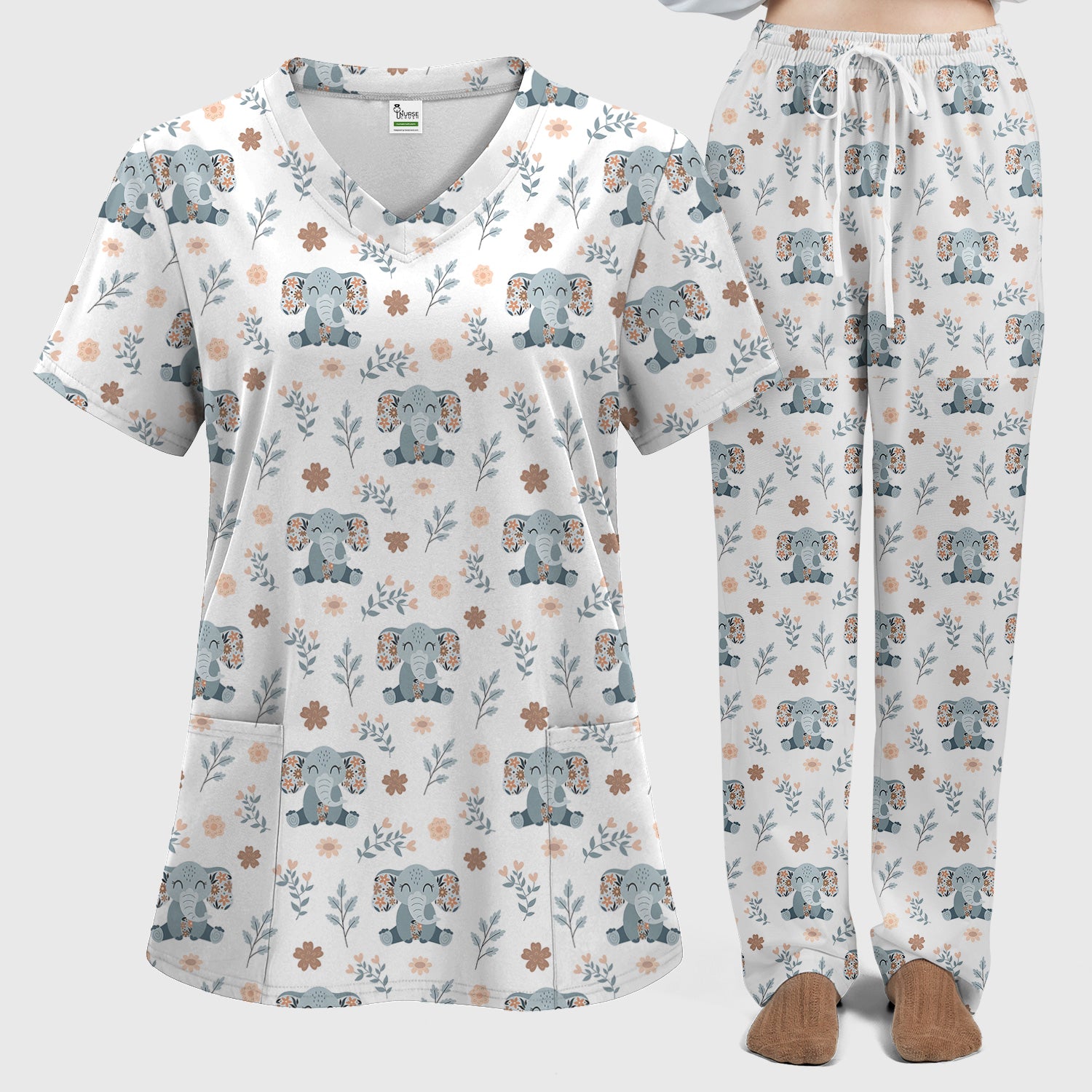 Cute Elephant Floral Print Scrub Set, Scrub Pants and V Neck Top