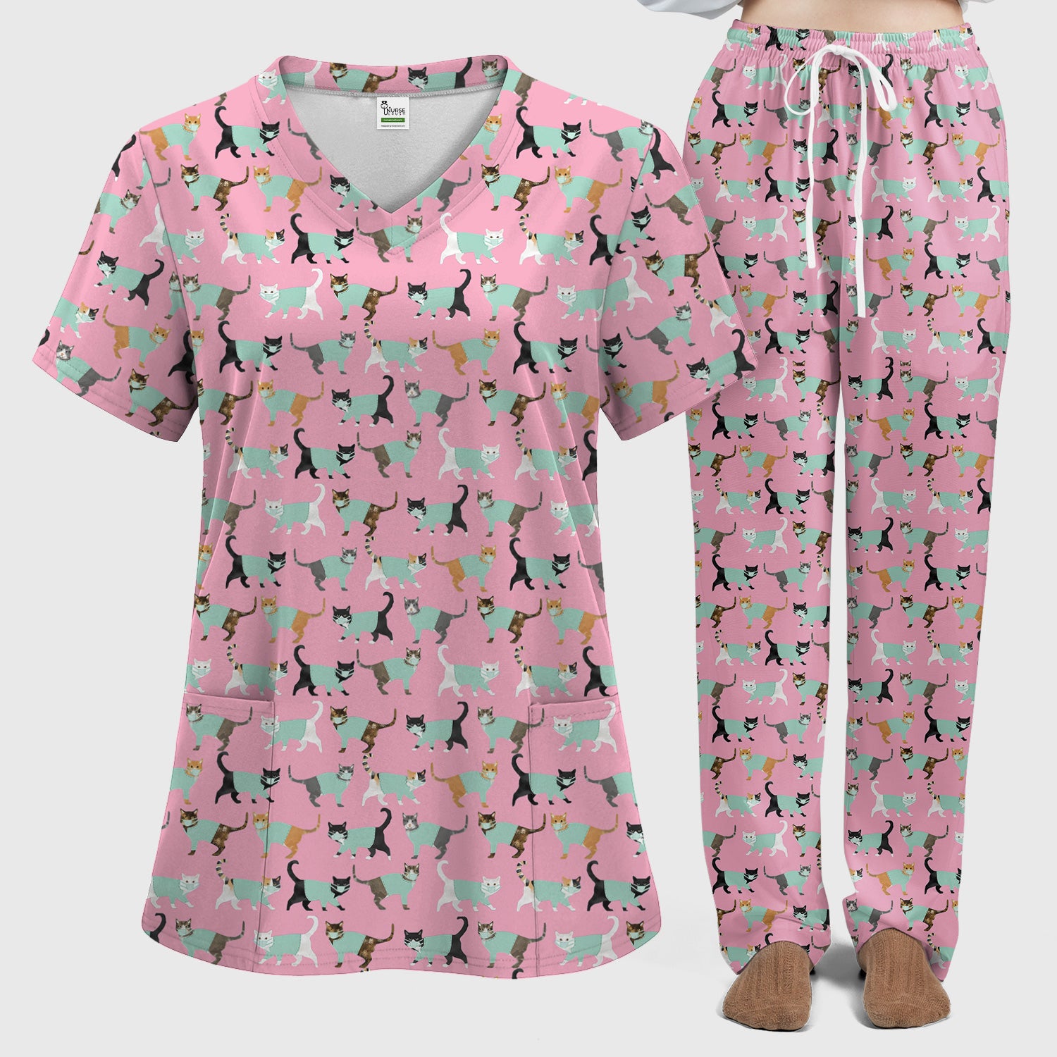 Playful Cat Nurse All Over Print Scrub Set, Scrub Pants and V Neck Top