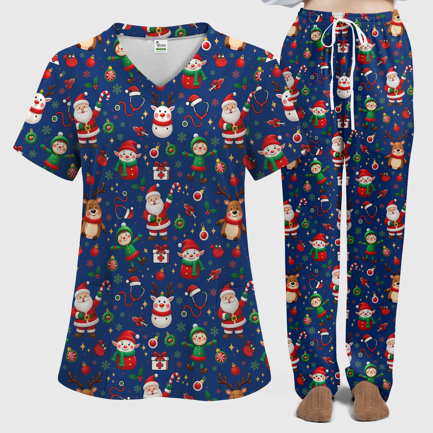 Christmas Comfortable Scrubs for Nurses - Cute Santa Reindeer Scrubs Pants and V Neck Top - Festive Holiday Med Uniform for Women