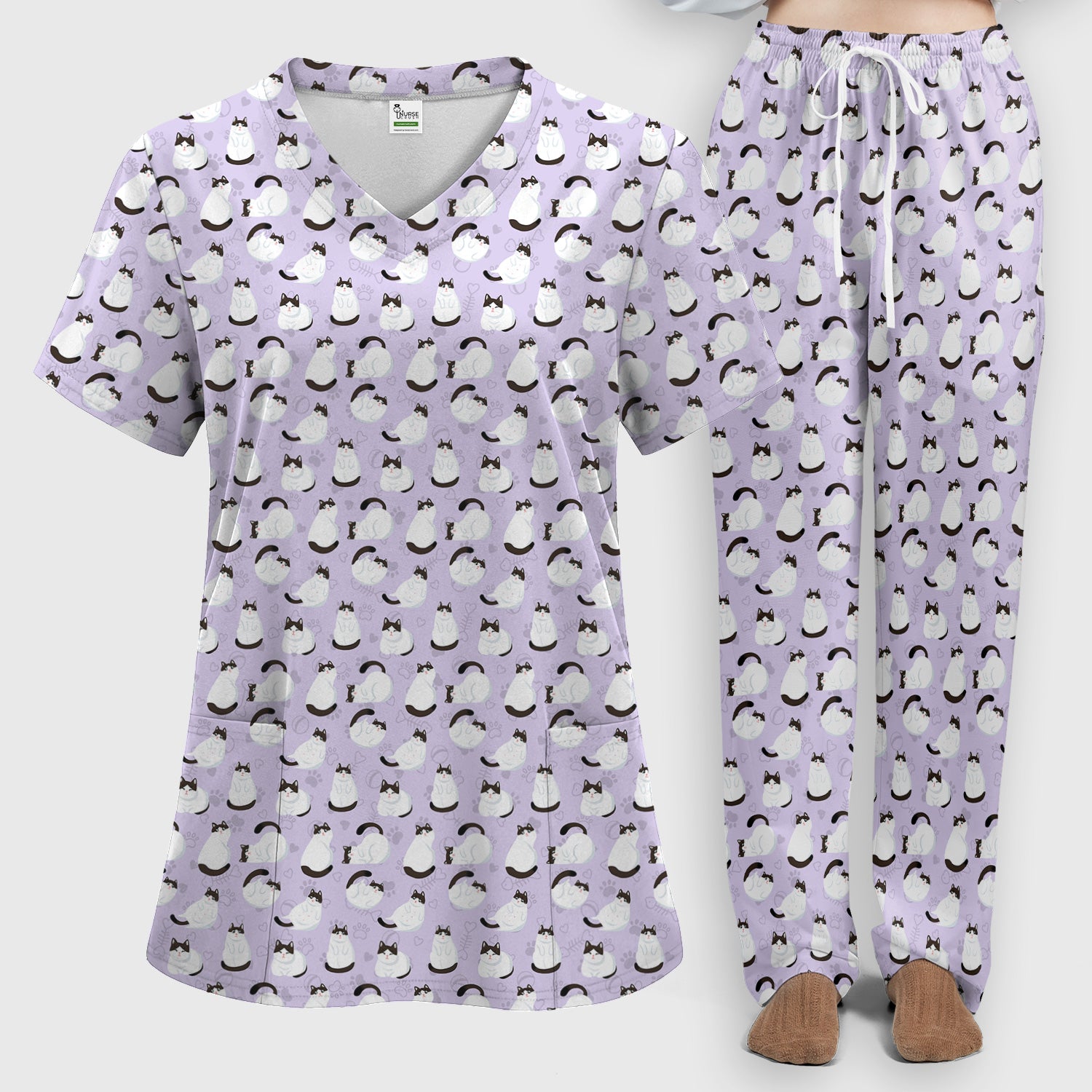 Cute Cat Pattern Medical Scrub Set, Breathable Fabrics Nursing Uniform