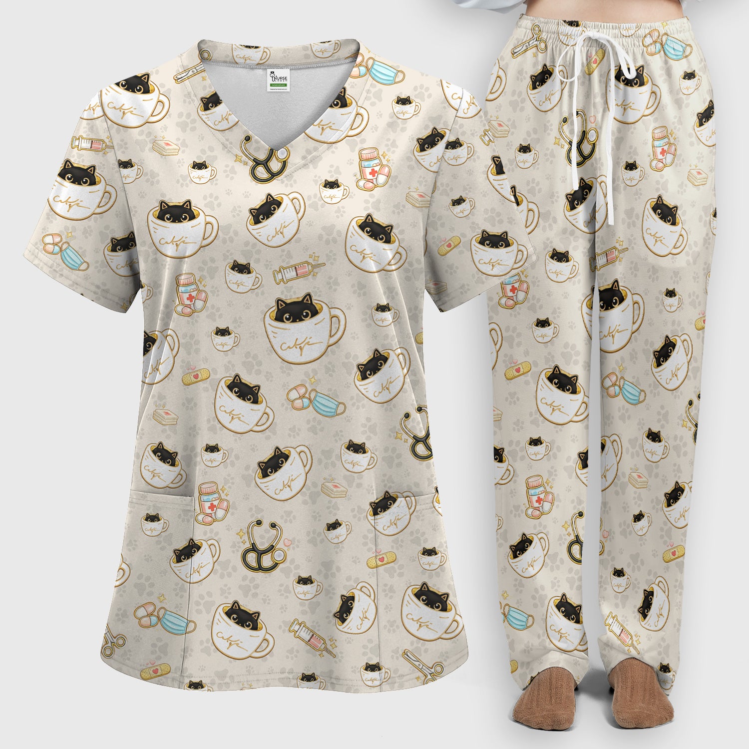 Cute Coffee Cat Medical Print Scrub Set, Scrub Pants and V Neck Top