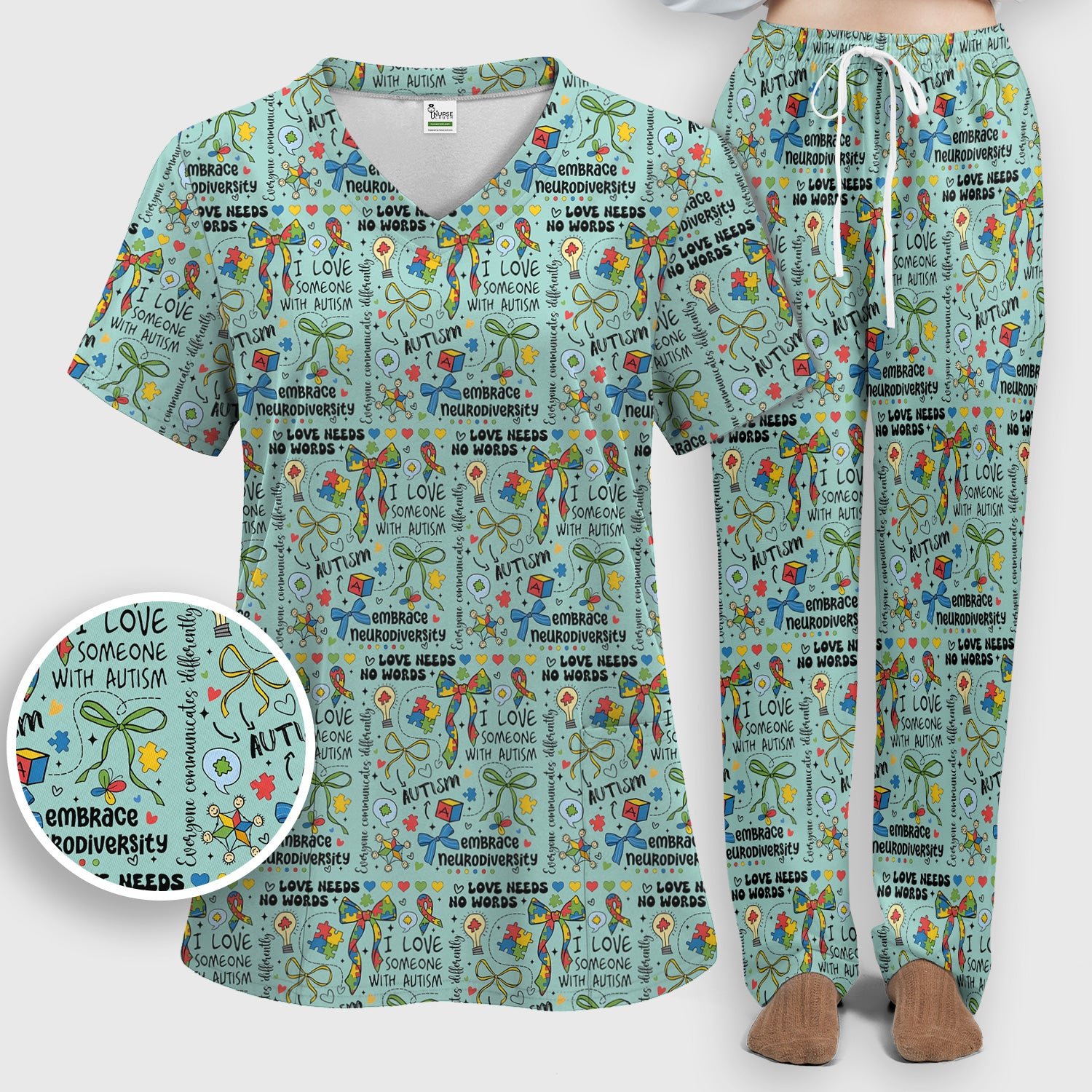 Autism Awareness Puzzle Ribbon Pattern Scrub Set, Scrub Pants and V Neck Top