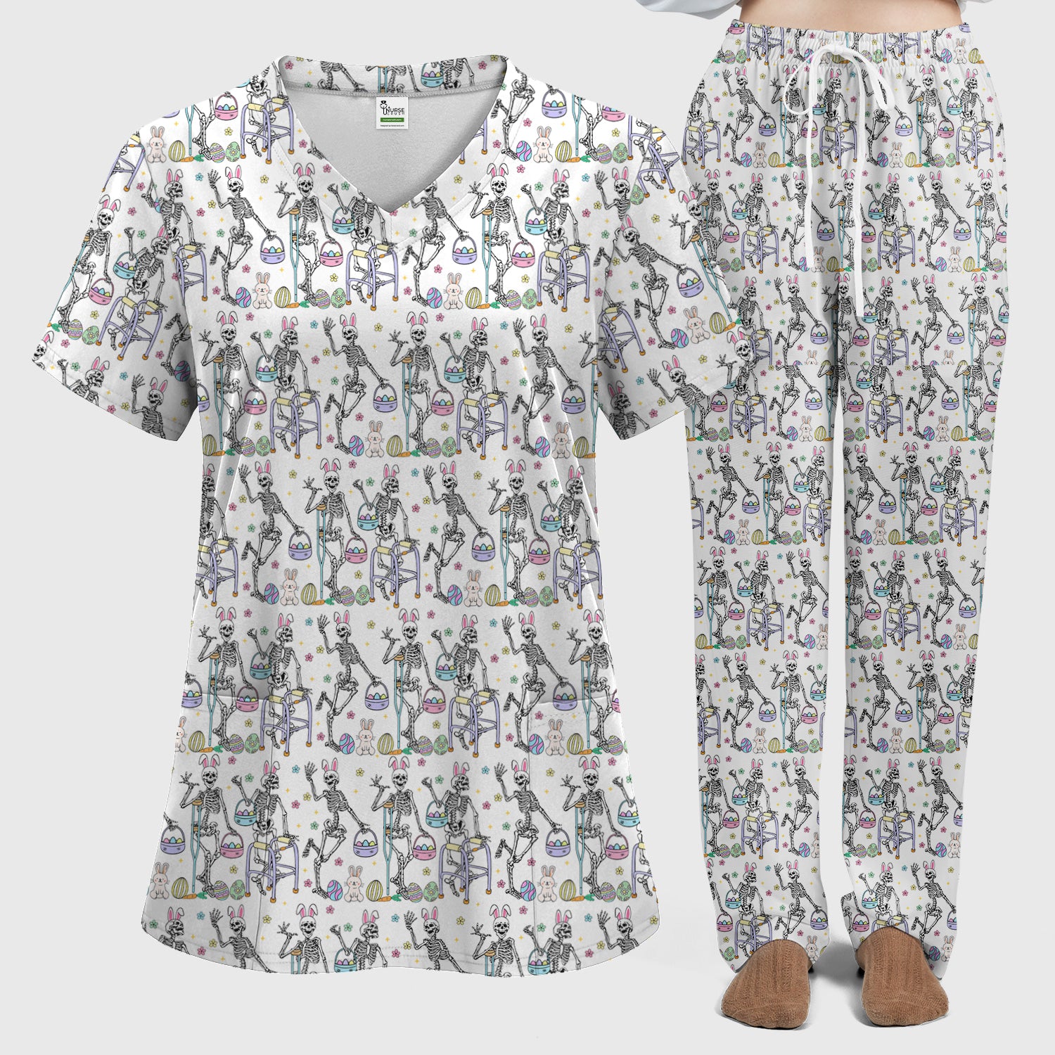 Fun Skeleton Bunny Easter Print Scrub Set, Scrub Pants and V Neck Top