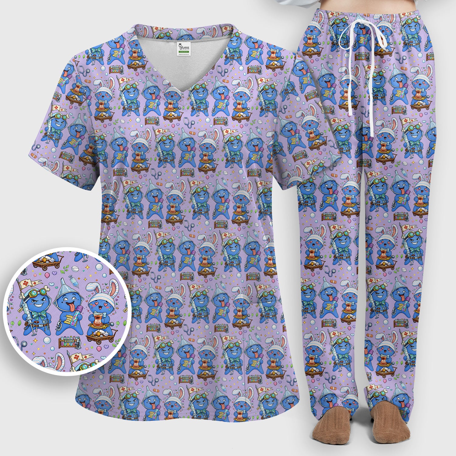 Cute Glove Doll Hospital Medical Cartoon Nurse Pattern Scrub Set, Women's Scrub Sets