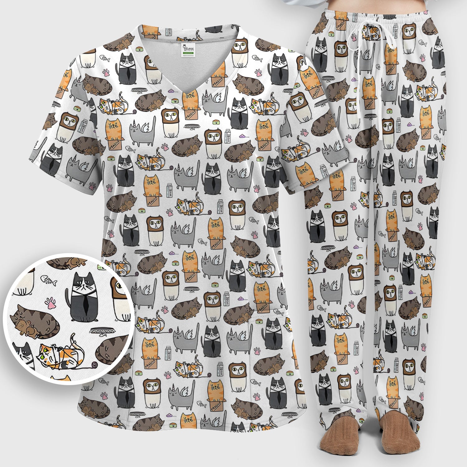 Lazy Cat Doodle Pattern Scrub Set, All Over Cozy Kitty Nursing Uniform for Women