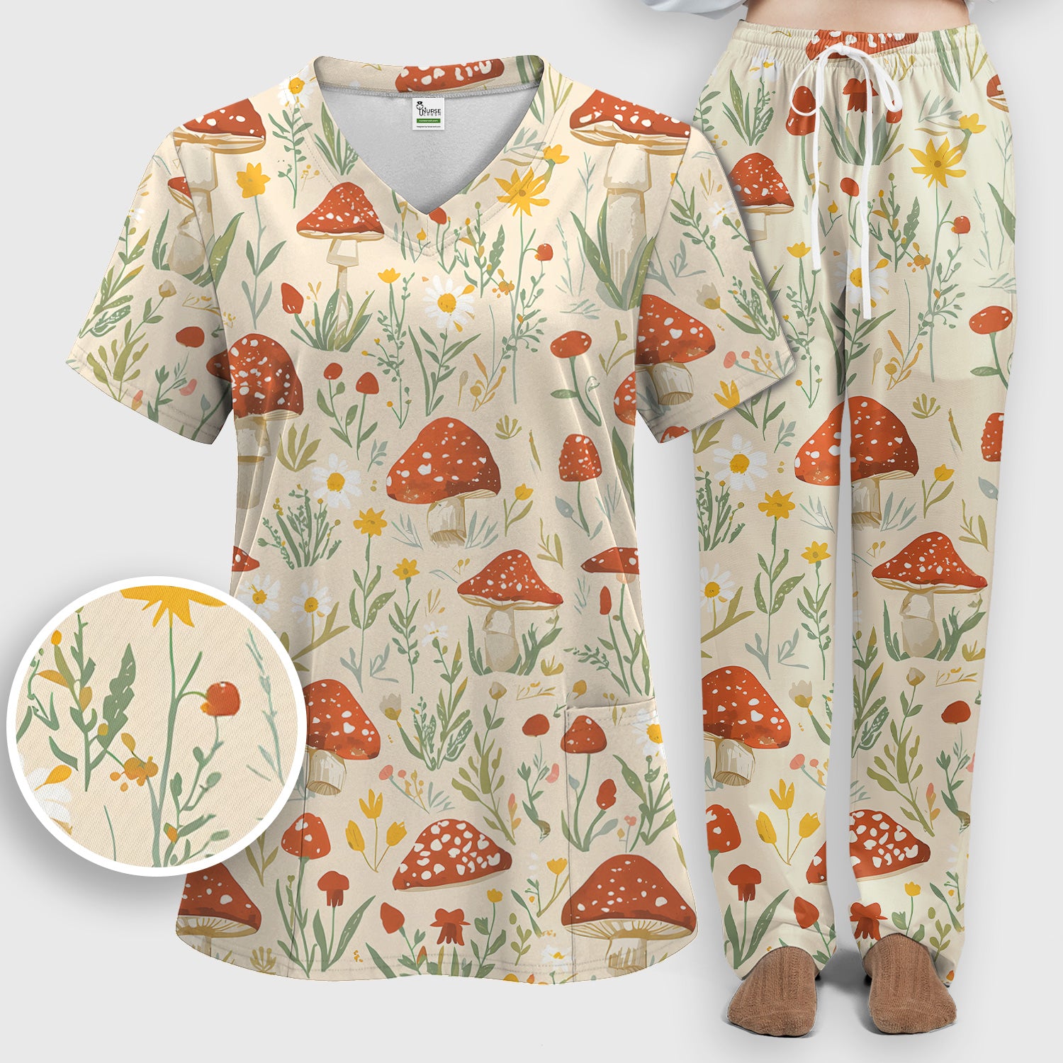 Cute Mushroom Wildflower Pattern Scrub Set, Women's Scrub Sets
