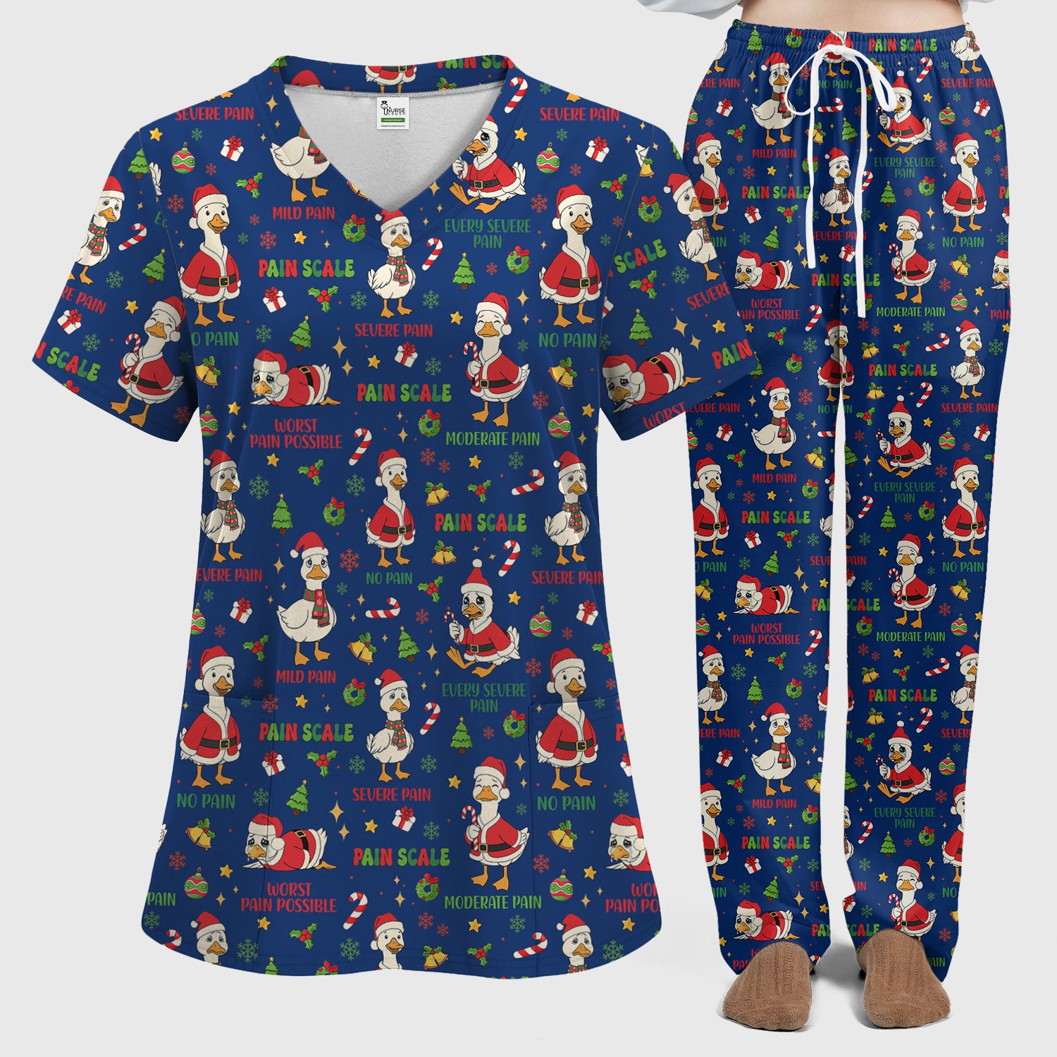 Funny Goose Christmas Scrub Set - Pain Scale Scrubs Pants and V Neck Top - Cute Holiday Medical Uniform for Women