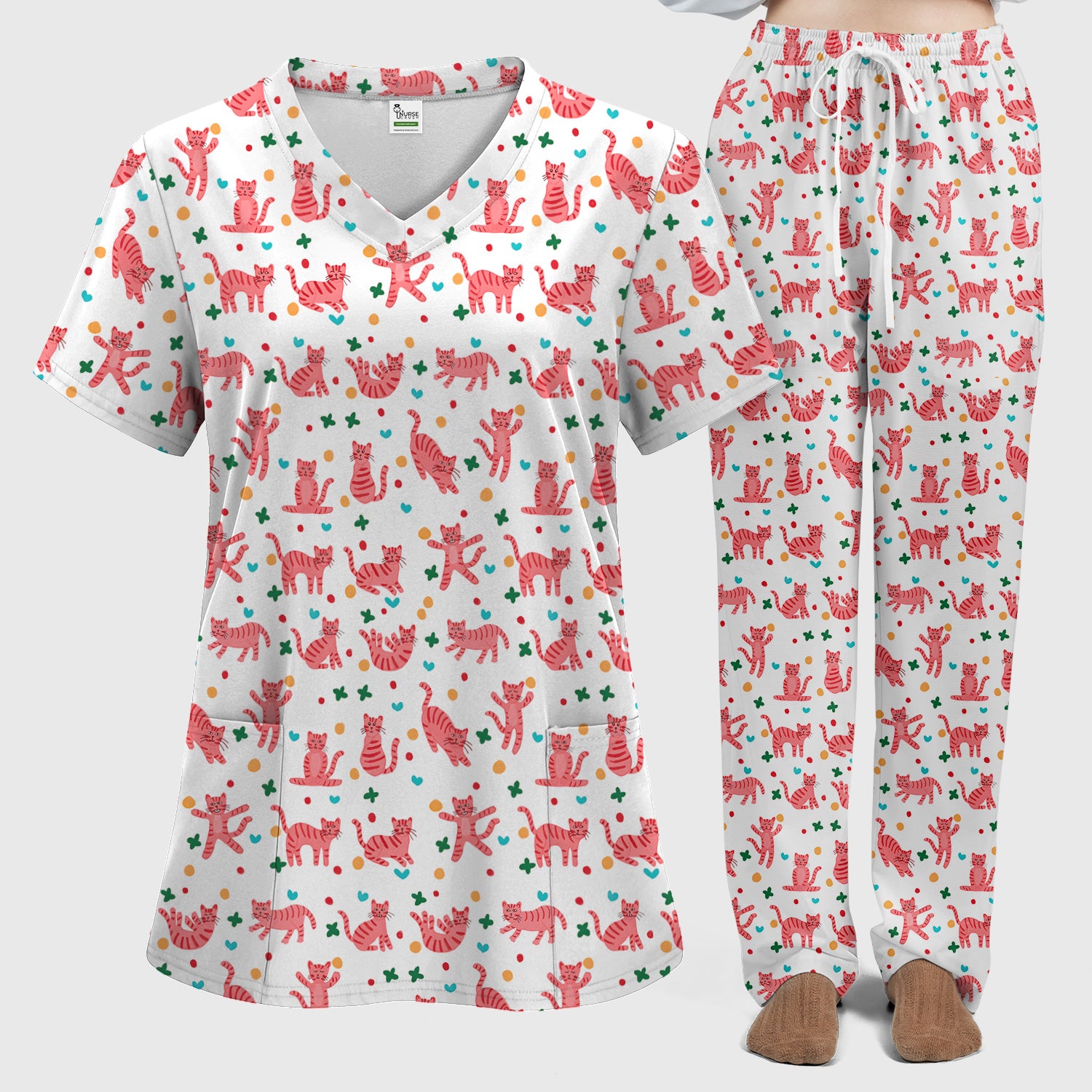 Cute Pink Cat Pattern Women's Scrub Sets, Scrub Pants and V Neck Top