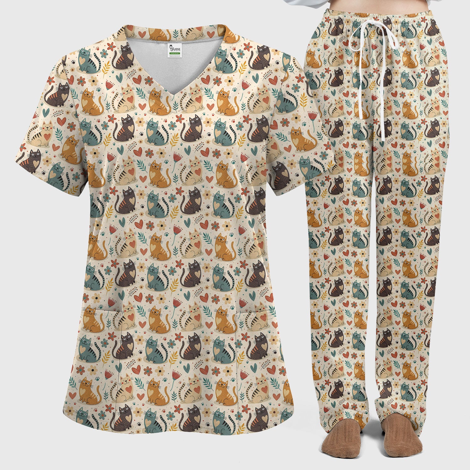 Cute Kitty Print V Neck Scrub Set for Nurses, Floral Medical Uniform