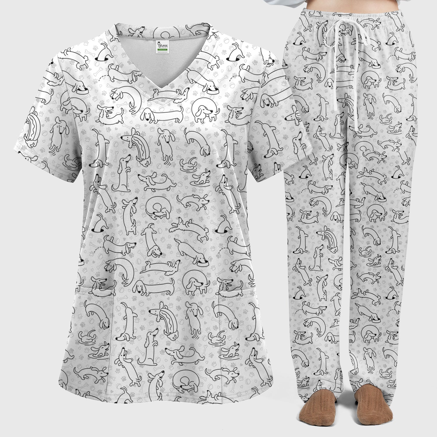 Playful Dachshund Dog Line Art Print Scrub Set, Scrub Pants and V Neck Top