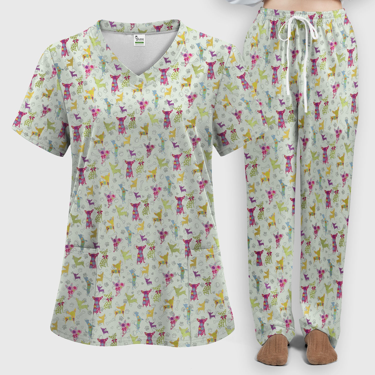 Colorful Playful Dog Print Nurse Scrub Set, Scrub Pants and V Neck Top