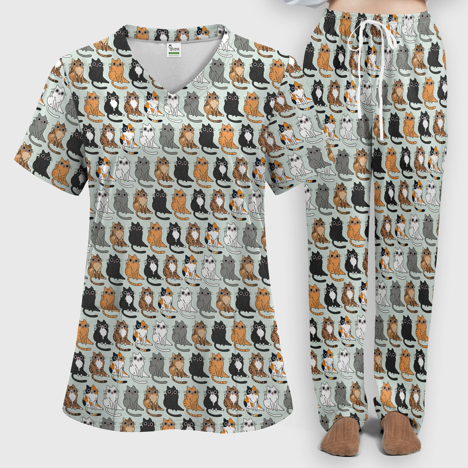 Cute Cartoon Cat Pattern Women's Scrub Set, Scrub Pants and V Neck Top