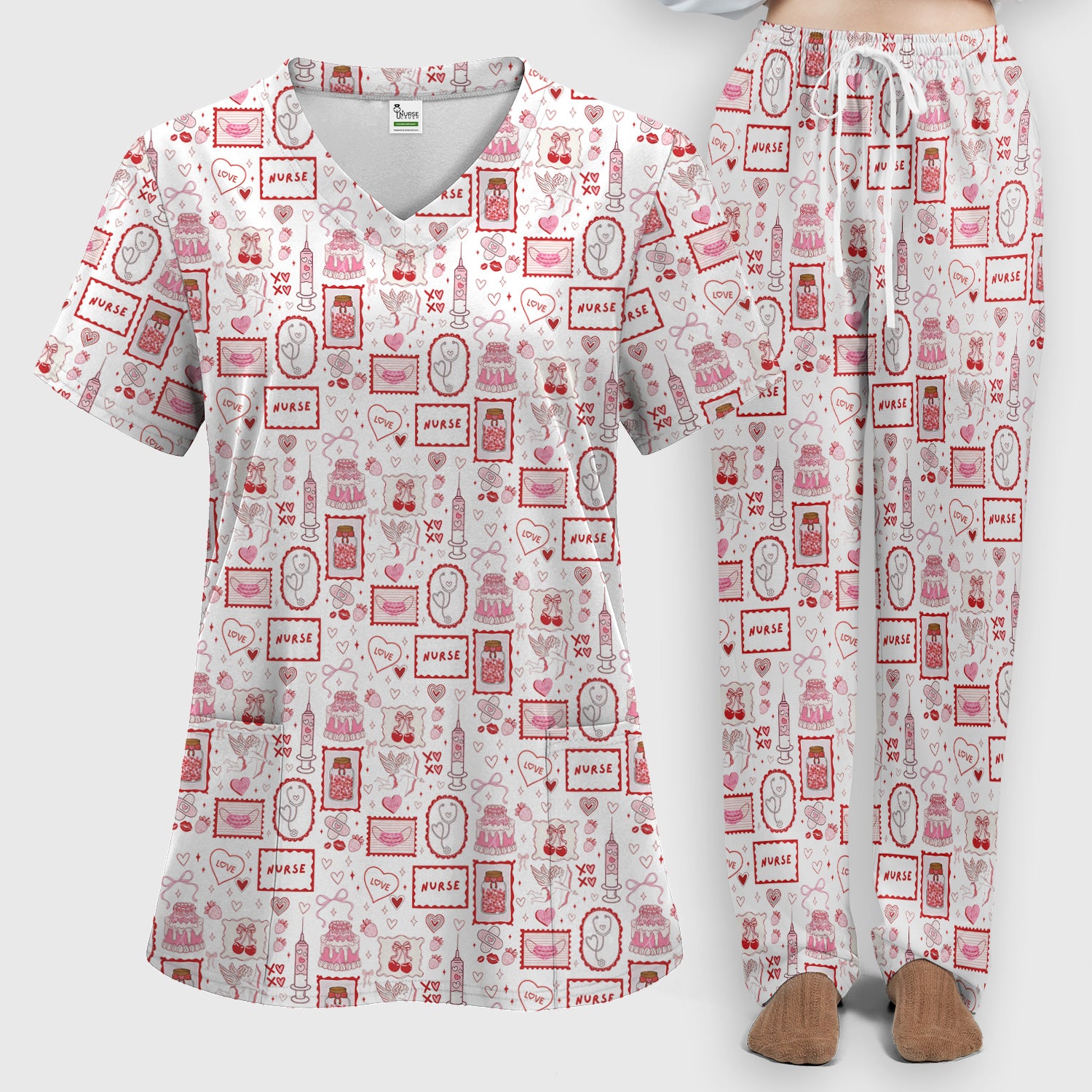 Nurse Icons Hearts Syringes Valentine Scrub Set, Scrub Pants and V Neck Top