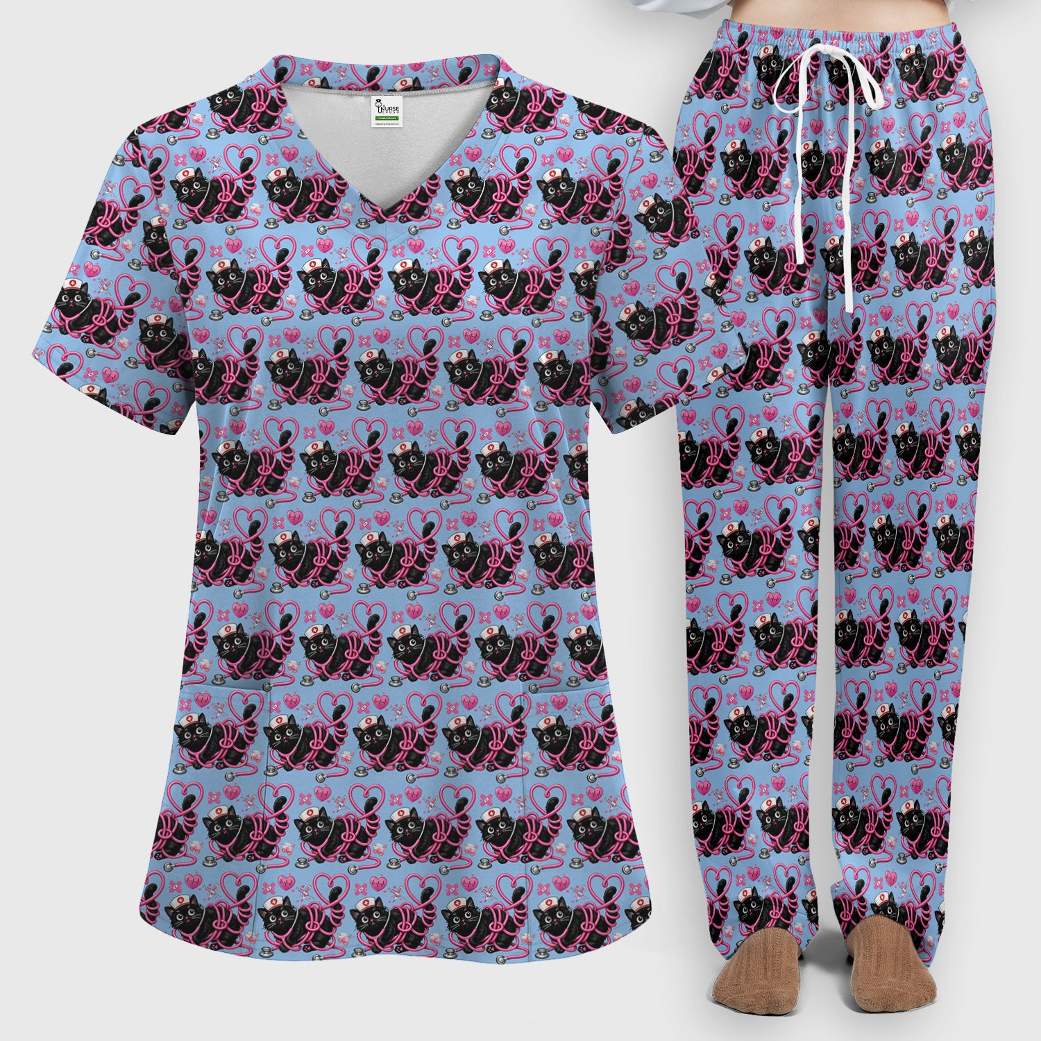 Valentine Cute Cat Nurse Heart Print Women's Scrub Set, Breathable Med Uniform