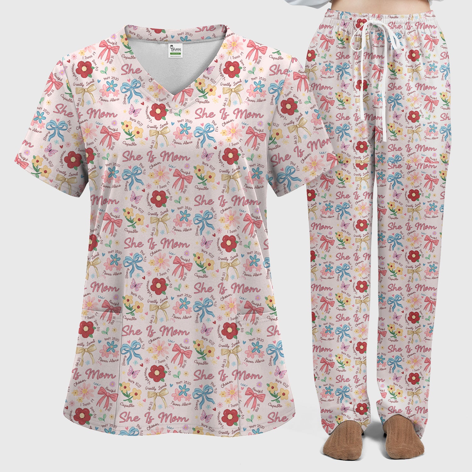 She Is Mom Flower Bow Pattern Scrub Set, Scrub Pants and V Neck Top