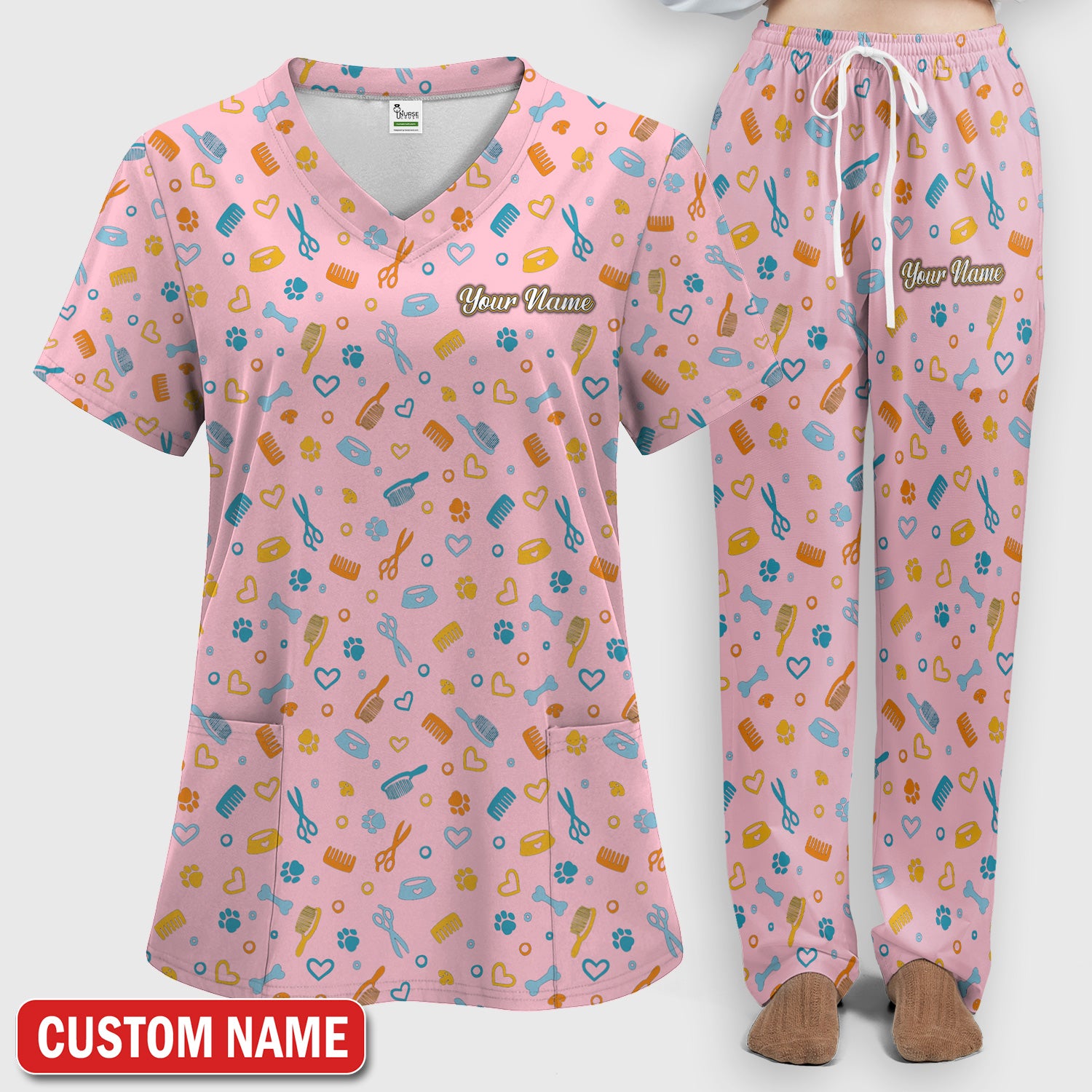 Custom Name Dog Cat Grooming Pattern Scrub Set, Scrub Pants and V Neck Top