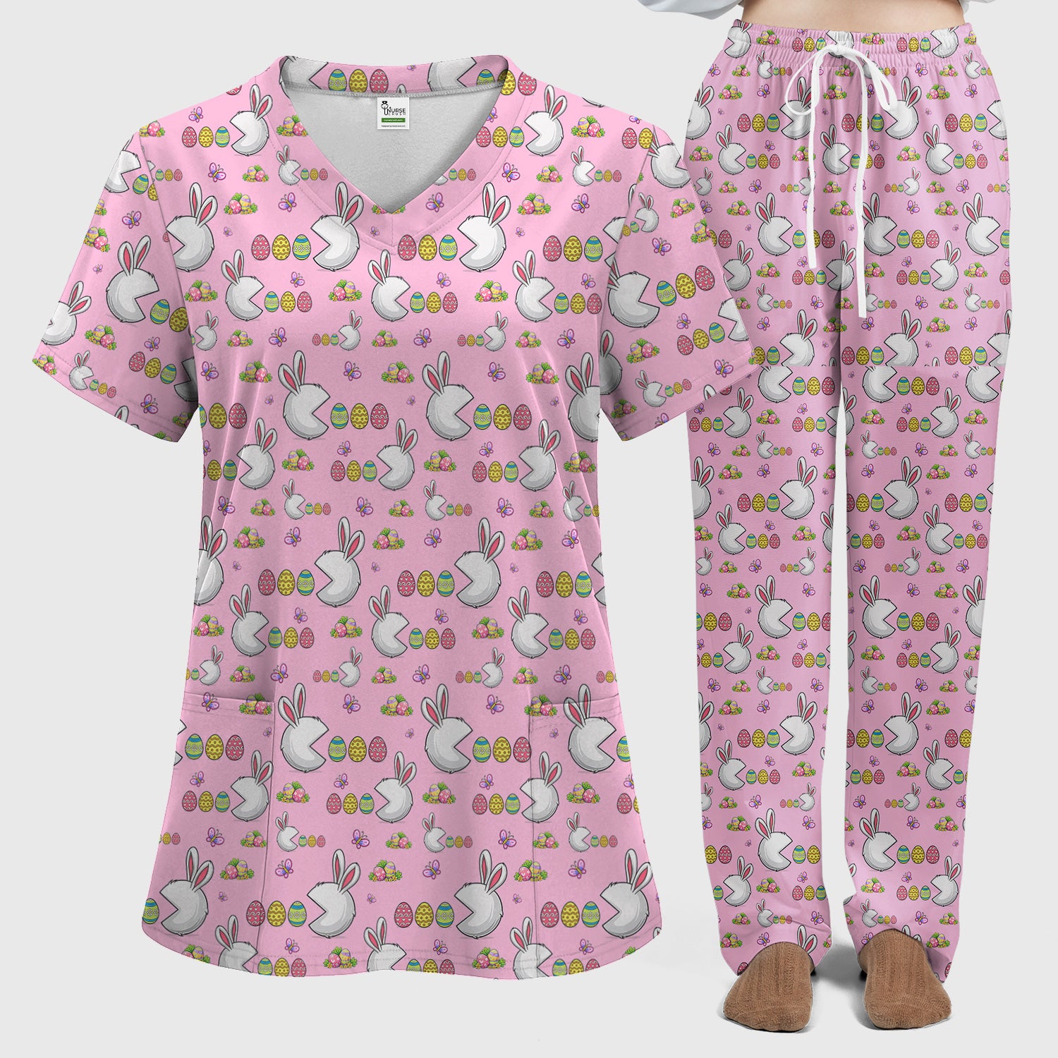 Easter Bunny and Colorful Eggs Print Scrub Set, Breathable Med Uniform