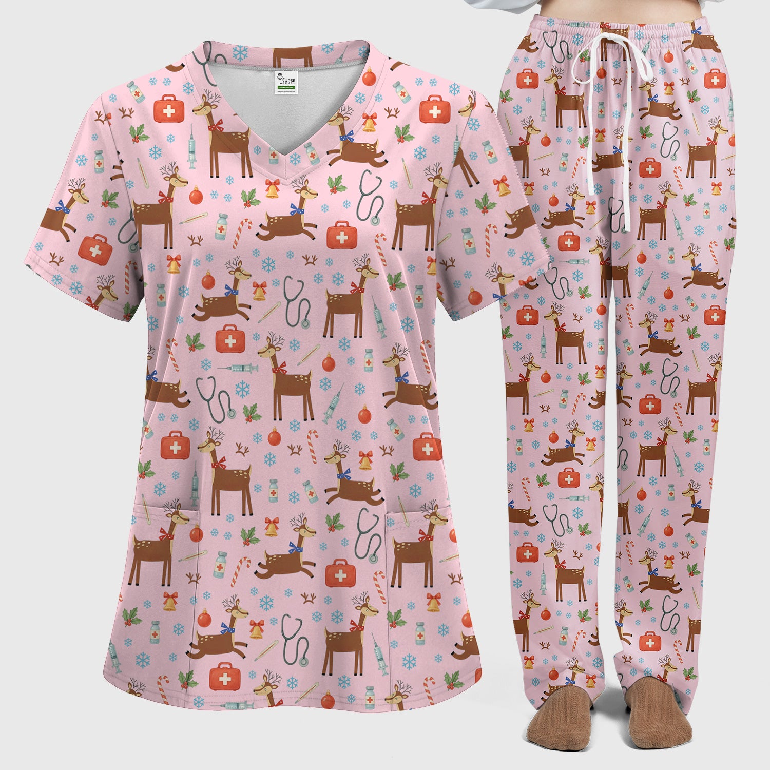 Reindeer Christmas Scrub Set - Snowflakes Candy Canes Holiday Scrubs Pants and V Neck Top - Xmas Gift for Women RN CNA LPN