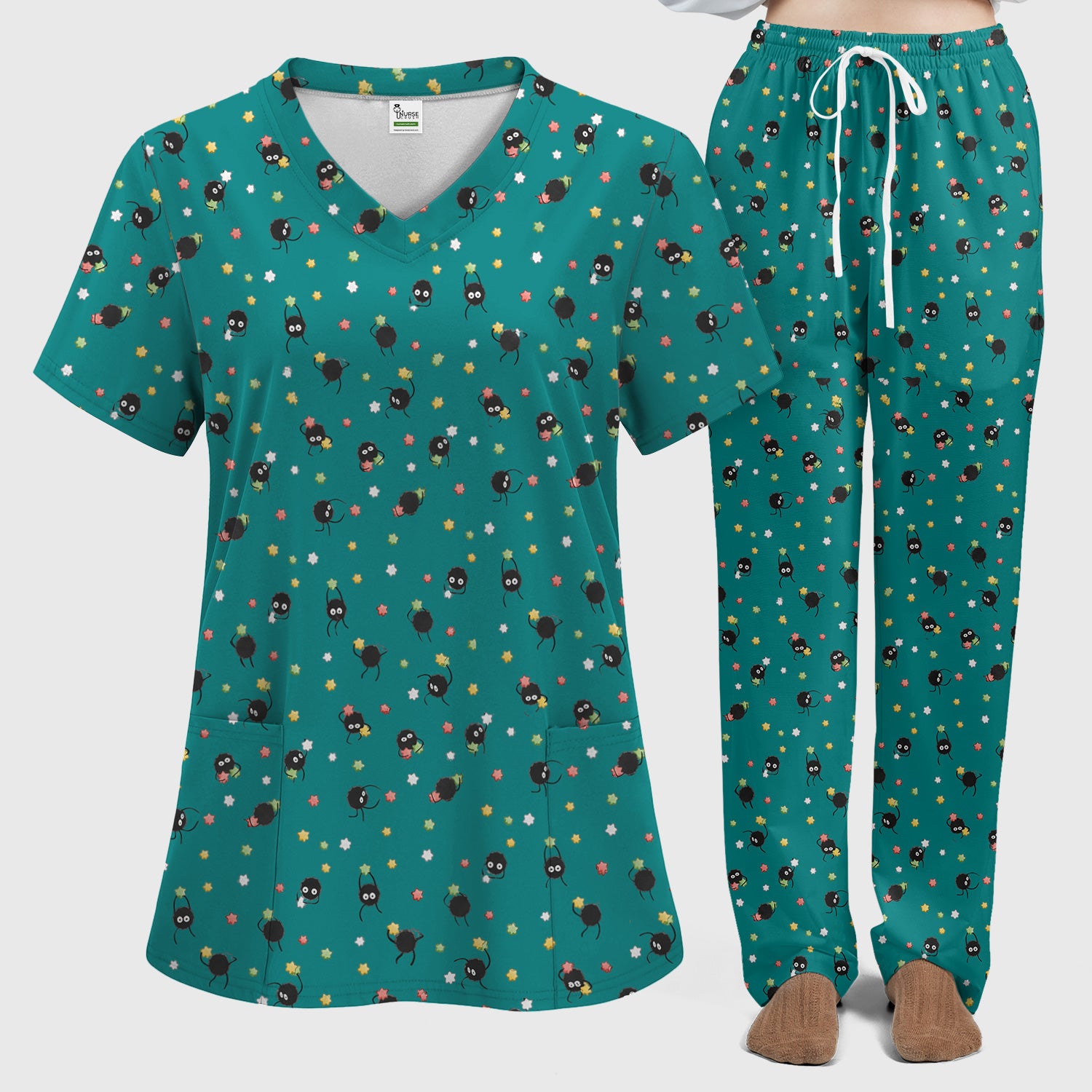 Funny Spider Pattern Pattern Pattern Scrub Set, Cartoon Spider Pattern Nursing Uniform For Women