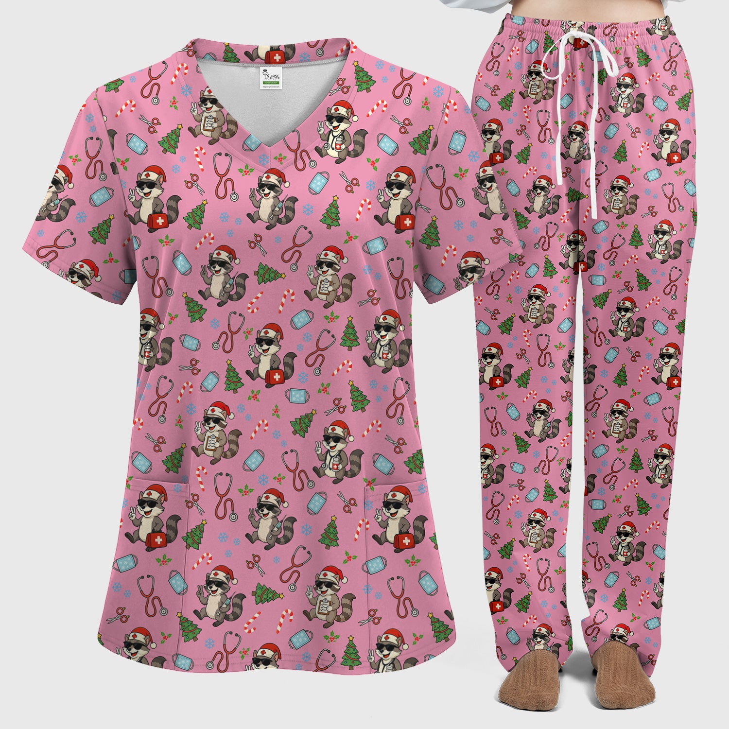 Funny Christmas Nurse Scrub Set - Raccoon Pattern with Santa Hat, Stethoscope and Tree - Cute Holiday Medical Scrubs Pants and Top Gift for RN CNA LPN