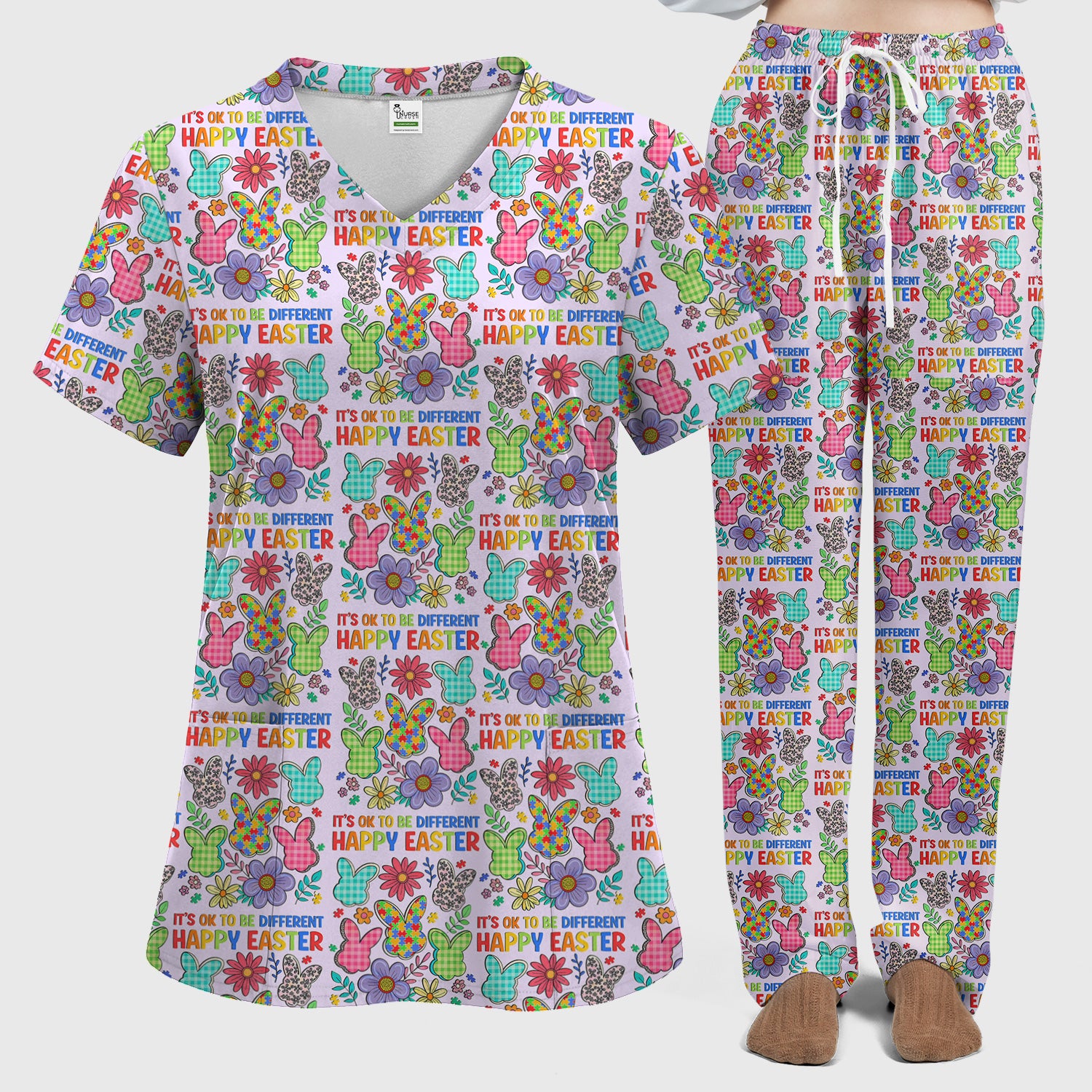 Happy Easter Bunny Floral Print Scrub Set, Breathable Med Uniform