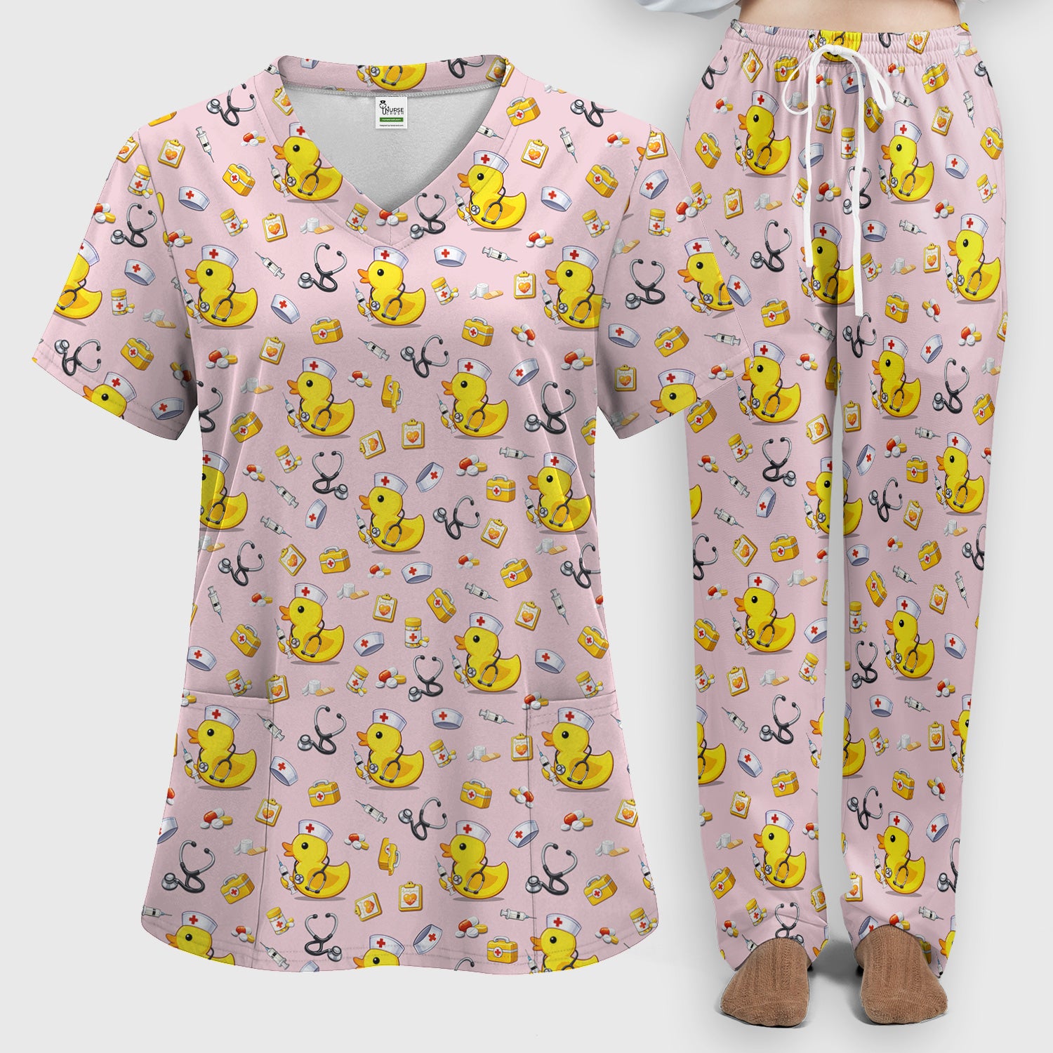 Playful Medical Duck Print Women's Scrub Set, Breathable Med Uniform