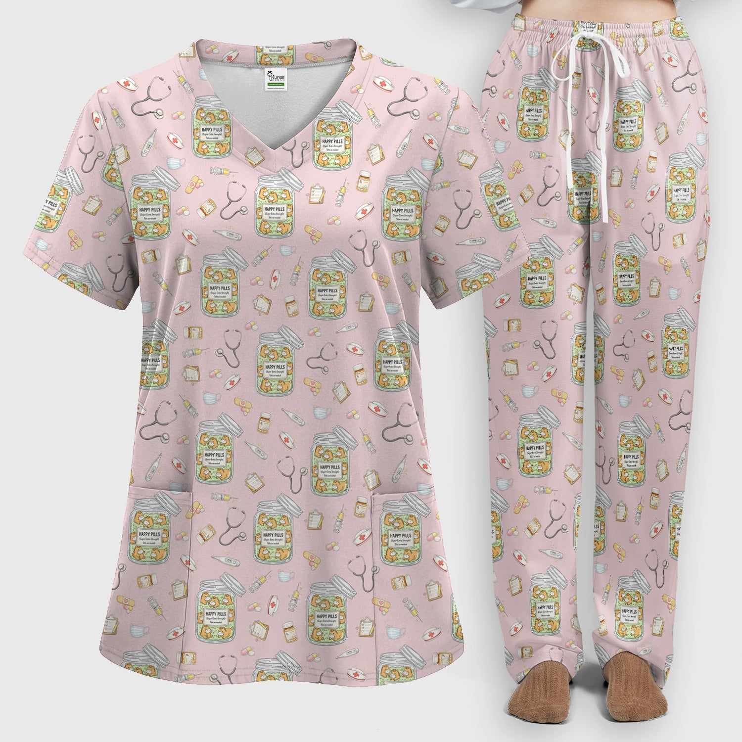 Happy Pills Horse Medical Print Women's Scrub Set, Scrub Pants and V-Neck Top