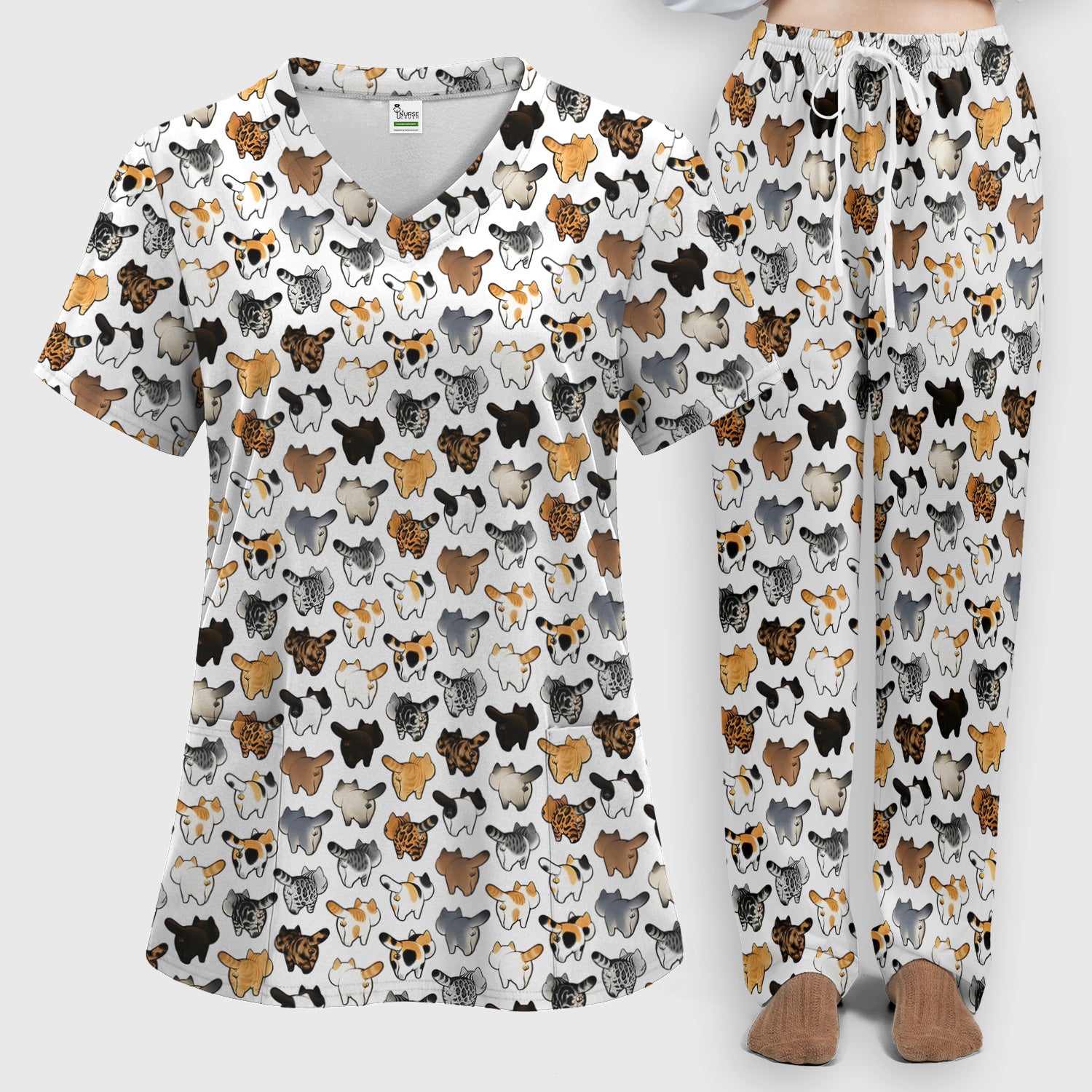 Cat Butt Pattern Medical Scrub Set, Breathable Fabrics Nursing Uniform