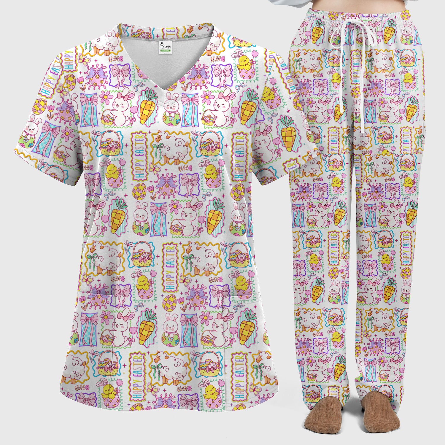 Cute Easter Bunny Egg and Bow Print Scrub Set, Scrub Pants and V Neck Top