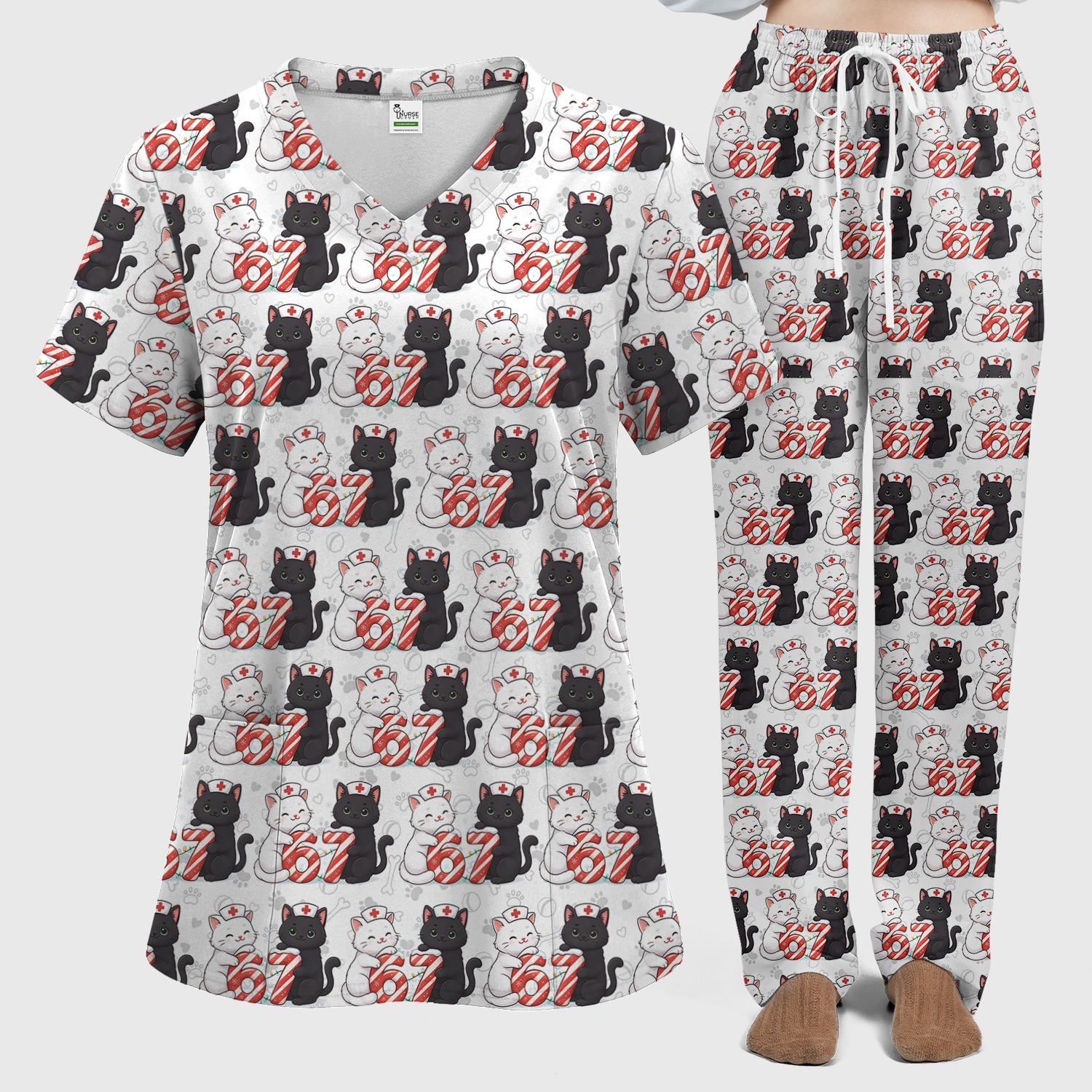 Xmas Cat Pattern Scrub Set, Christmas Nurse Six Seven With Cat Scrub Shirt, Breathable Fabrics Nursing Uniform