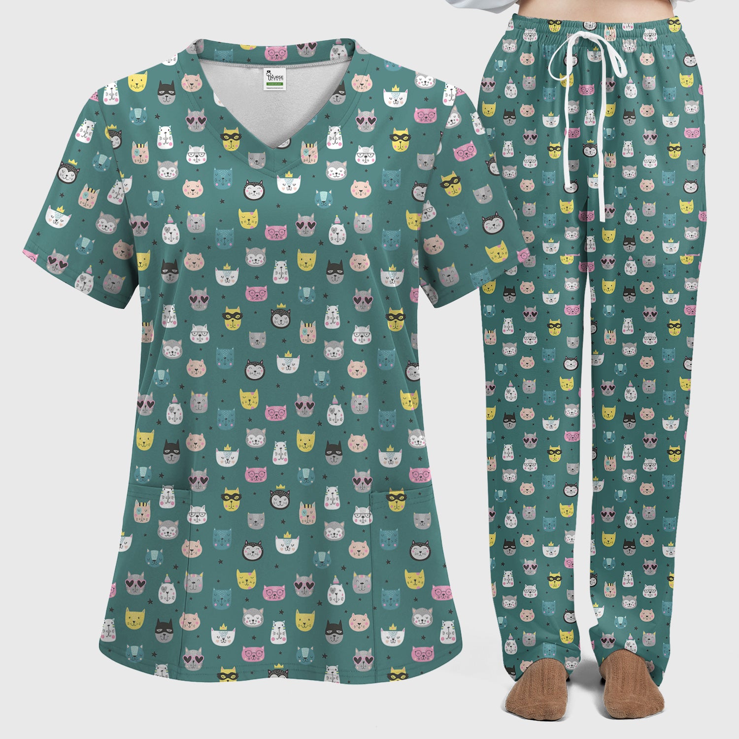 Cute Colorful Cat Pattern Women's Scrub Sets, Breathable Med Uniform