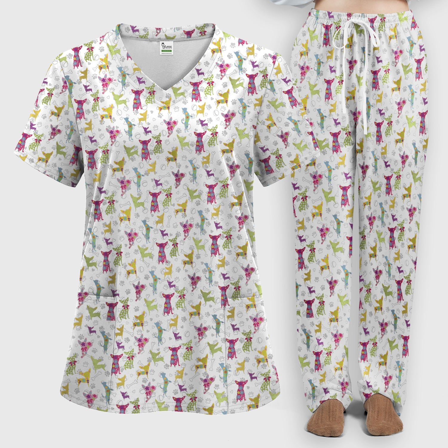 Colorful Playful Dog Print Nurse Scrub Set, Scrub Pants and V Neck Top